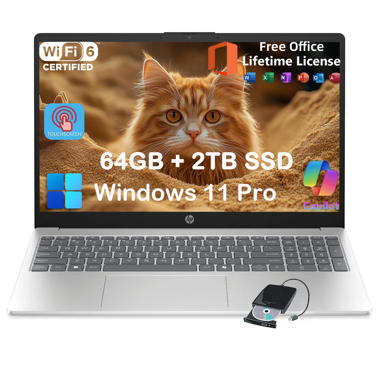 Hp 15.6 Touchscreen Laptop Computer For Business & Student, W/Office Lifetime, Intel 13Th Gen Core I3(Up To 4.5Ghz), Hd Touch Di