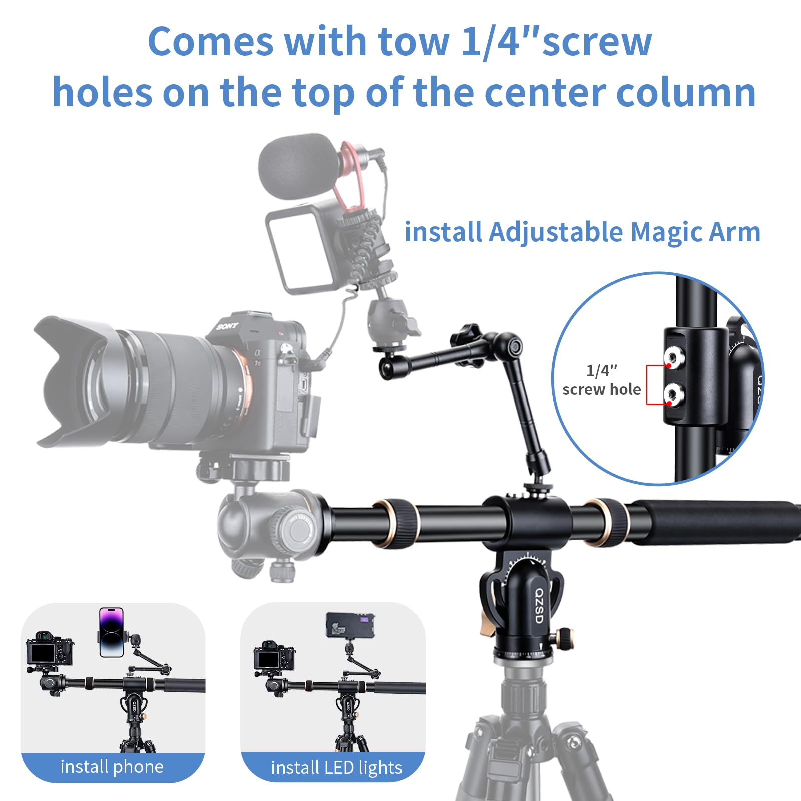 41'' Aluminum Tripod Extension Arm Retractable Horizontal Center Column Arm With 1/4'' And 3/8'' Scerws, 360 Rotatable For Overh