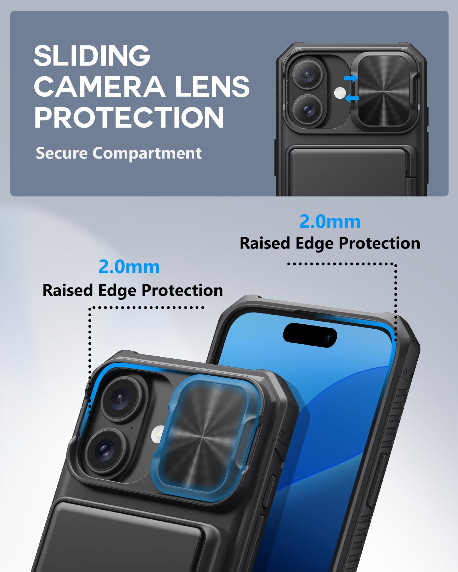 Atatoo For Iphone 16 Case With Card Holder (Store 3 5 Cards) [Rfid Blocking] & Slide Camera Cover, Military Grade Protection, Ru