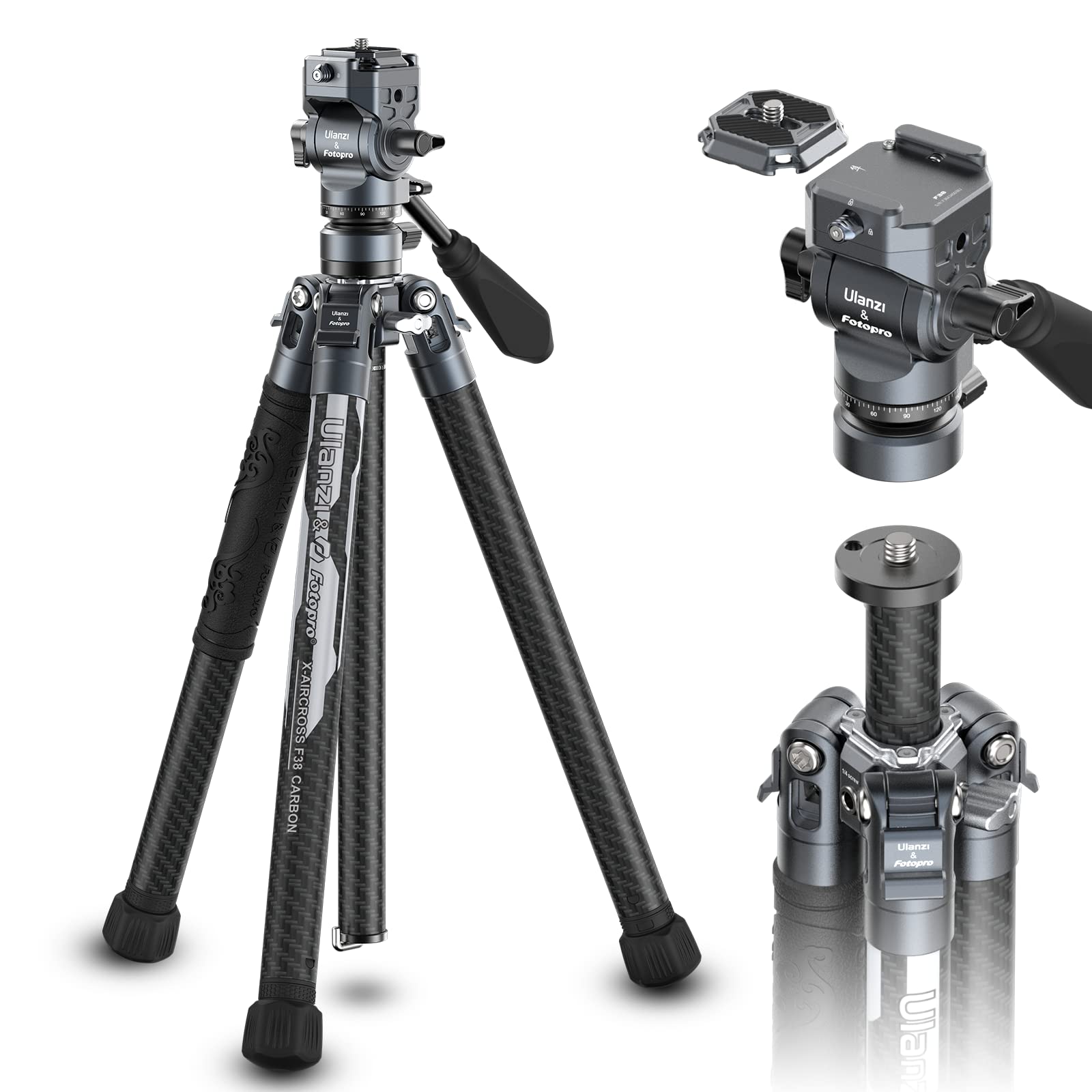 Ulanzi F38 Video Travel Tripod, 61.4' Carbon Fiber Tripod W Quick Release Fluid Head, 2.38Lbs Ultra Lightweight Portable Stable Professional Camera Photo Video Tripod, Load Up To 22Lbs, With Bag