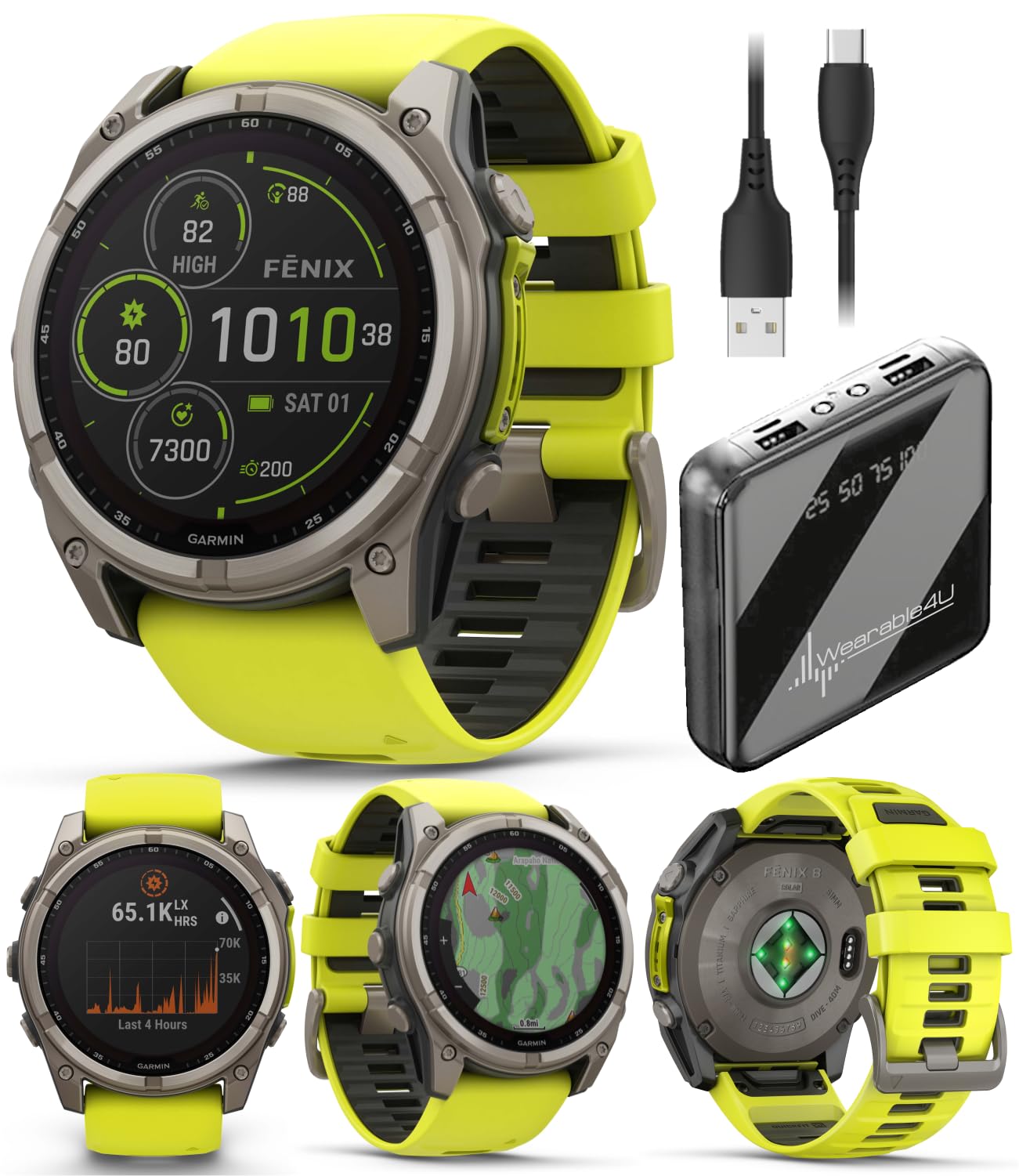 Garmin Fenix 8 - 51 mm, Solar, Sapphire Amp Yellow/Graphite Silicone GPS Smartwatch with Wearable4U Power Bank Bundle