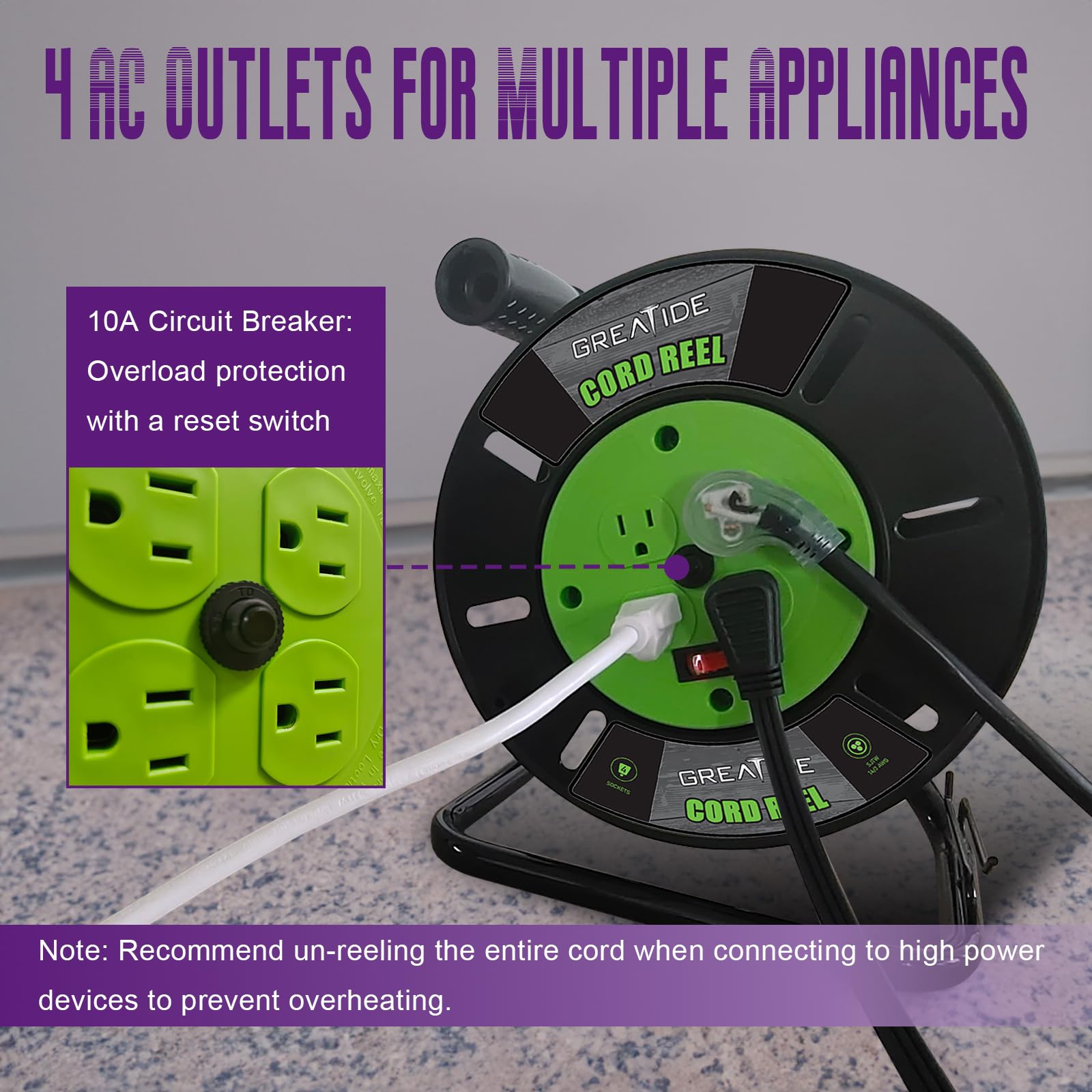 Greatide Heavy Duty Extension Cord Storage Reel With 4Grounded Outlets, 10A Circuit Breaker, Retractable Hand Wind, Portable Emp