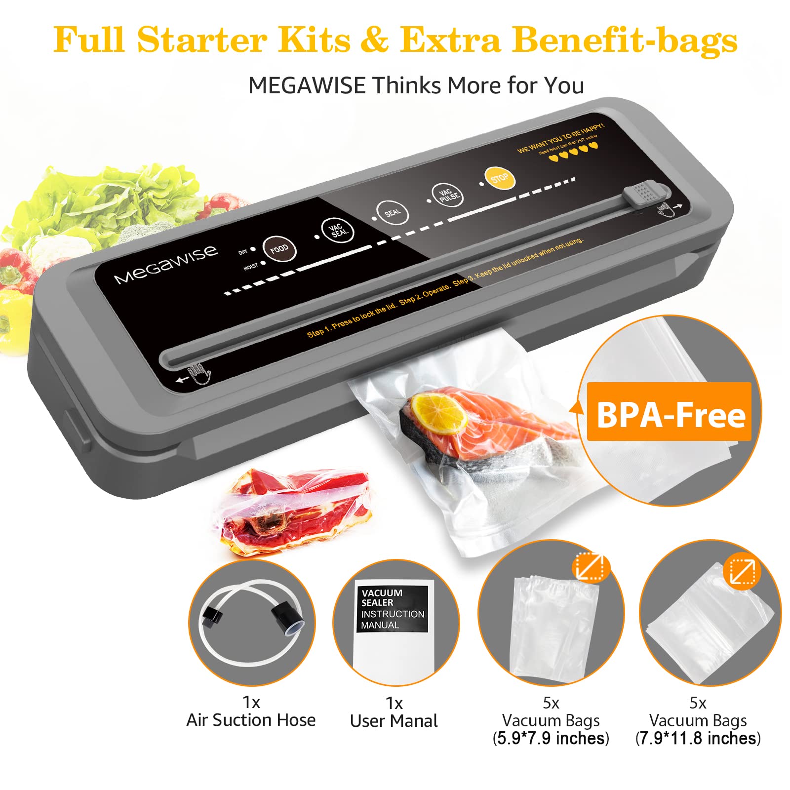 Megawise Vacuum Sealer Machine | 80Kpa Suction Power| Bags And Cutter Included | Compact One Touch Automatic Food Sealer With Ex