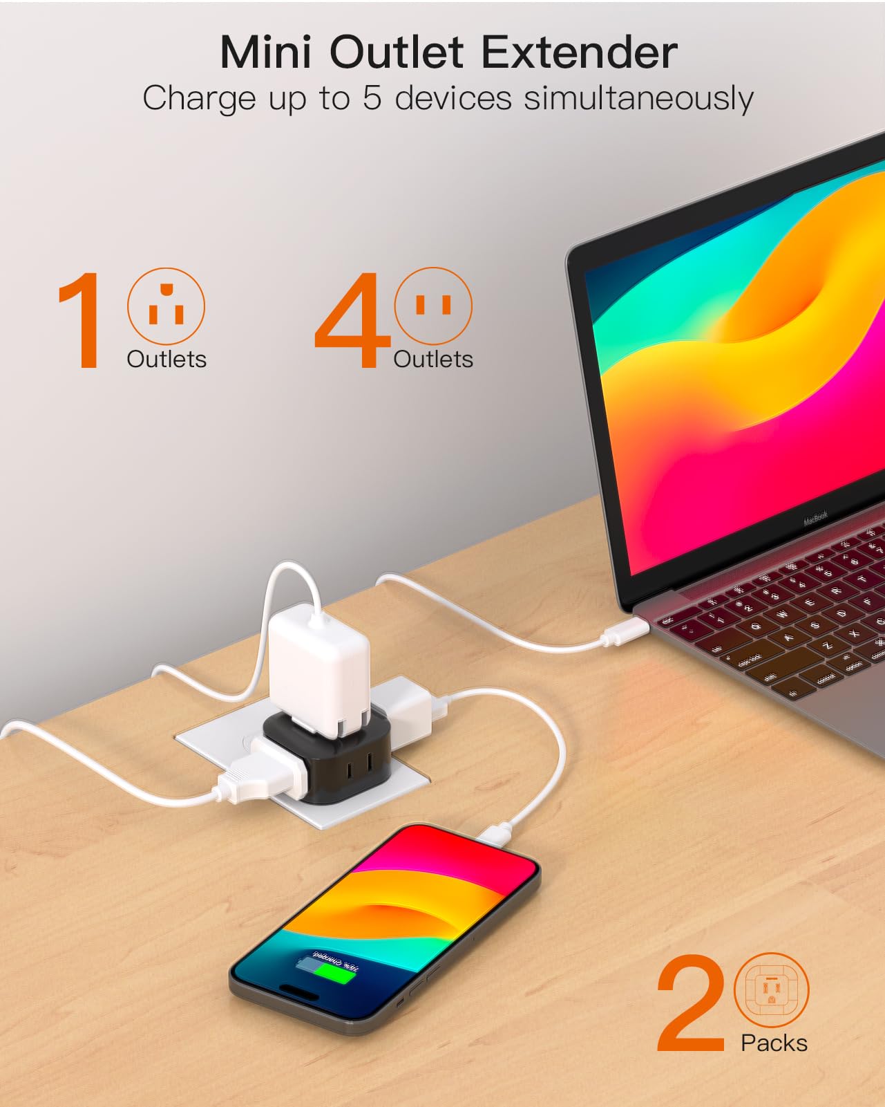 Black Multi Plug Outlet Extender 2 Pack, Wall Outlet Splitter With 5 Wall Outlets, Small Multiple Plug Extender, Cruise Essentia