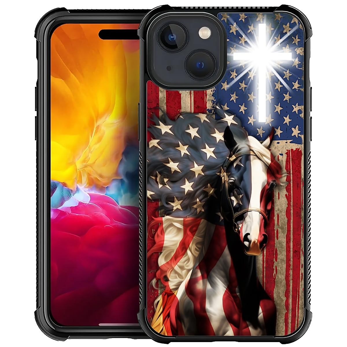 Fkbrcl4U For Iphone 15 Case, Red American Flag Horse Cross Pattern Graphic Design Girl Boy Soft Silicone Hard Acrylic Shock Prot
