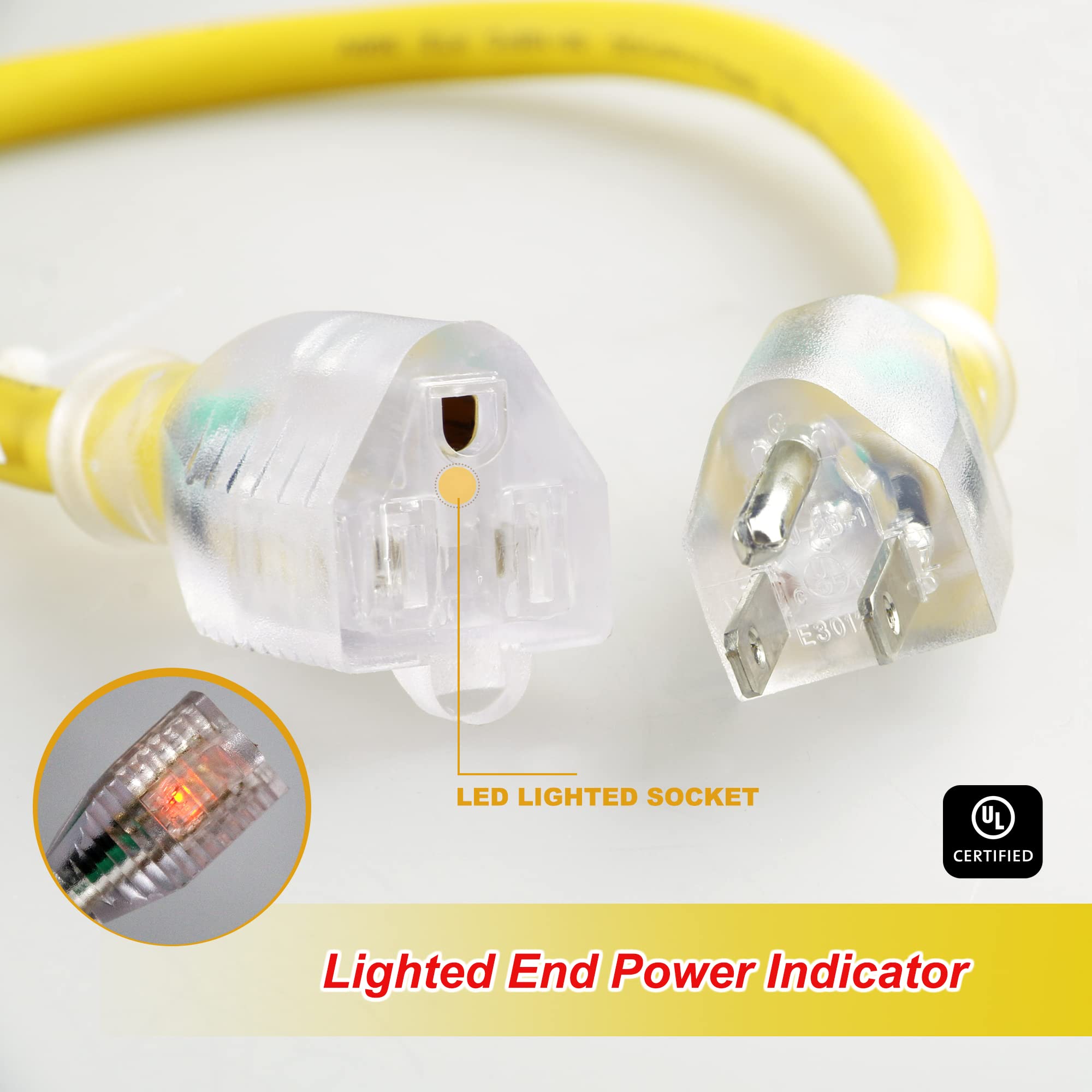 Aweltec Outdoor 12/3 Extension Cord 12Awg 50Ft 15Amp 1875Watts, Tpe Rubber Sjeow ( 58F To +221F) Lighted Power Cord, Yellow, Ul