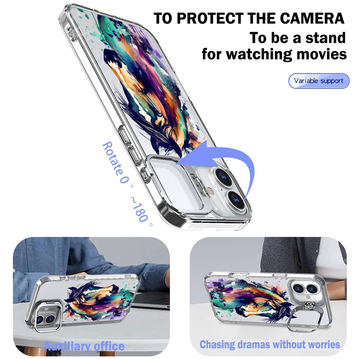 Ecute Strong Magnetic Slim Drop Protective Case With Camera Ring Kickstand For Iphone 16 - Color Graffiti Horse