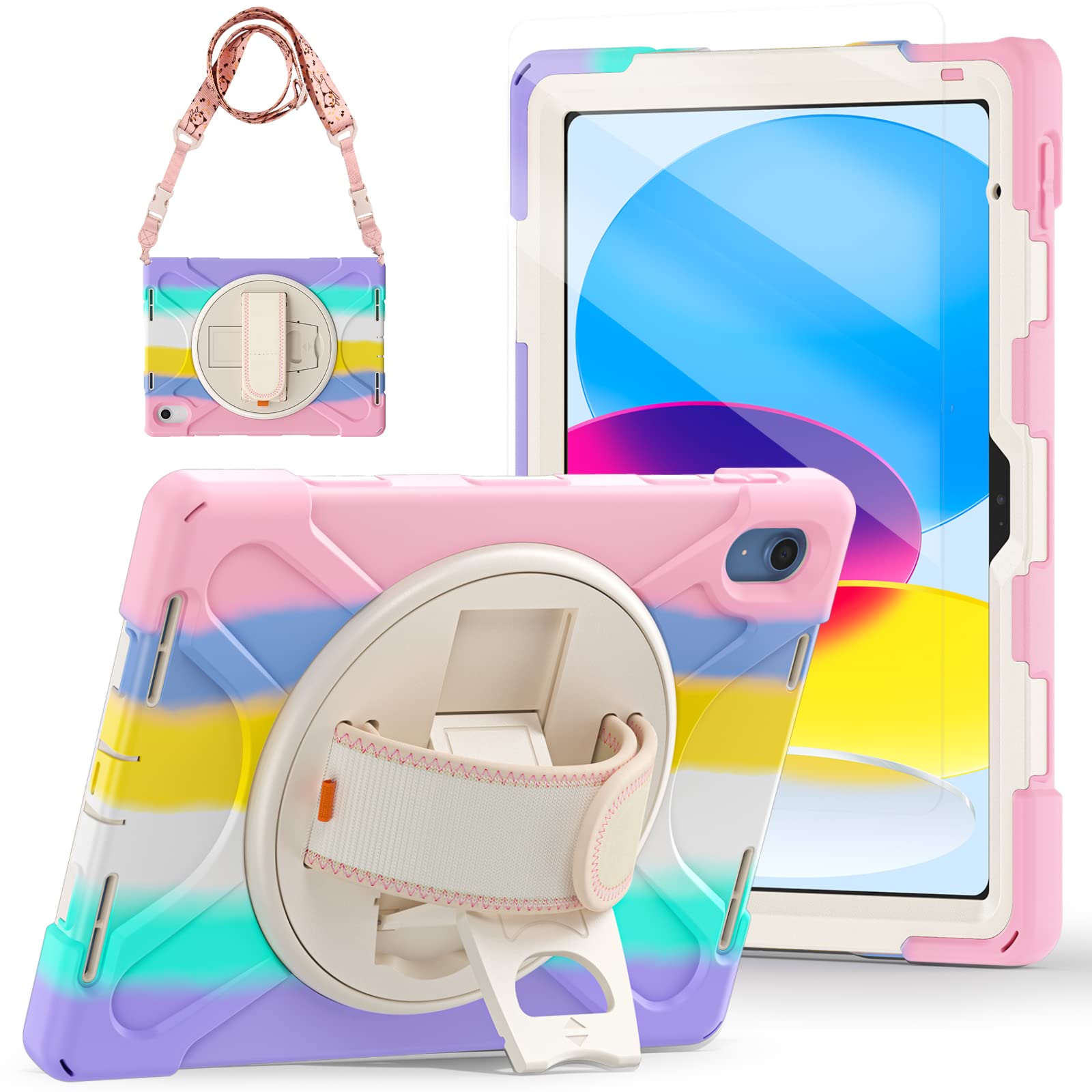 Tsqqst Case For Ipad 10Th Generation Case For Kids Girls Cute Pink 10.9 2022 | Kids Proof With Screen Protector | Strap For Car