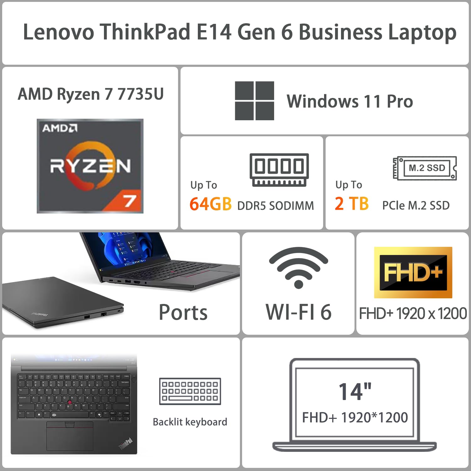 Lenovo Thinkpad E14 Gen 6 Business Laptop, 14 Fhd+ Display, Amd Ryzen 7 7735U, 64Gb Ddr5 Ram, 2Tb Ssd, Fingerprint, Backlit, Wi-