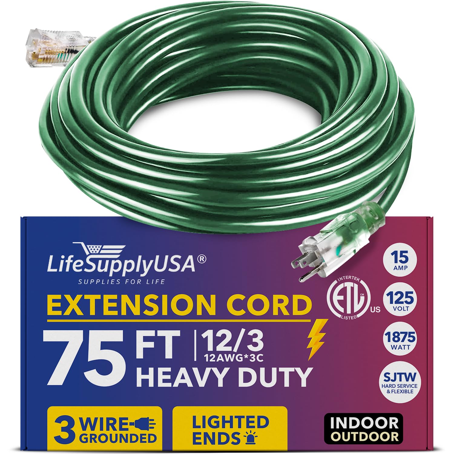 75ft Power Outdoor Extension Cord & Indoor  Waterproof Electric Drop Cord Cable  3 Prong, 3Outlet, SJTW, 12 Gauge, 15 AMP, 12