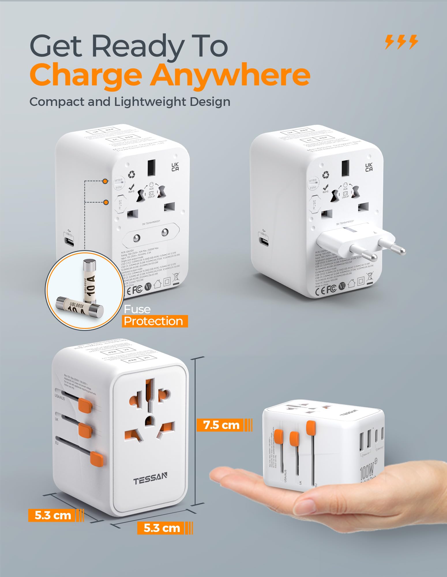 100W Gan Universal Travel Adapter, Tessan International Power Adapter With 5 Usb(3 Usb C) Charging Ports, Travel Adapter Worldwi