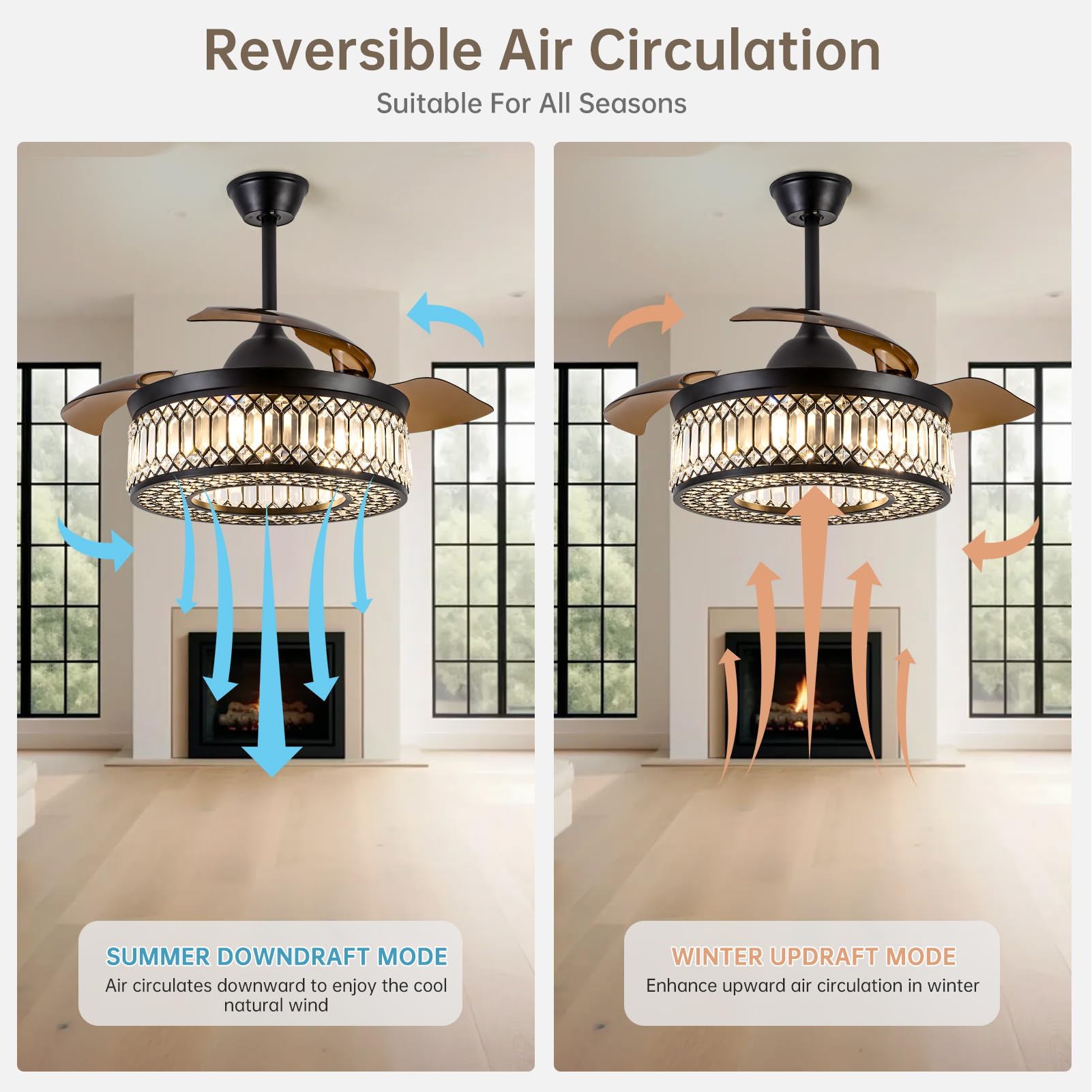 42 Inch Retractable Ceiling Fans With Lights And Remote, Modern Industrial Black Fandelier With 3 Retractable Abs Blades, Invisi