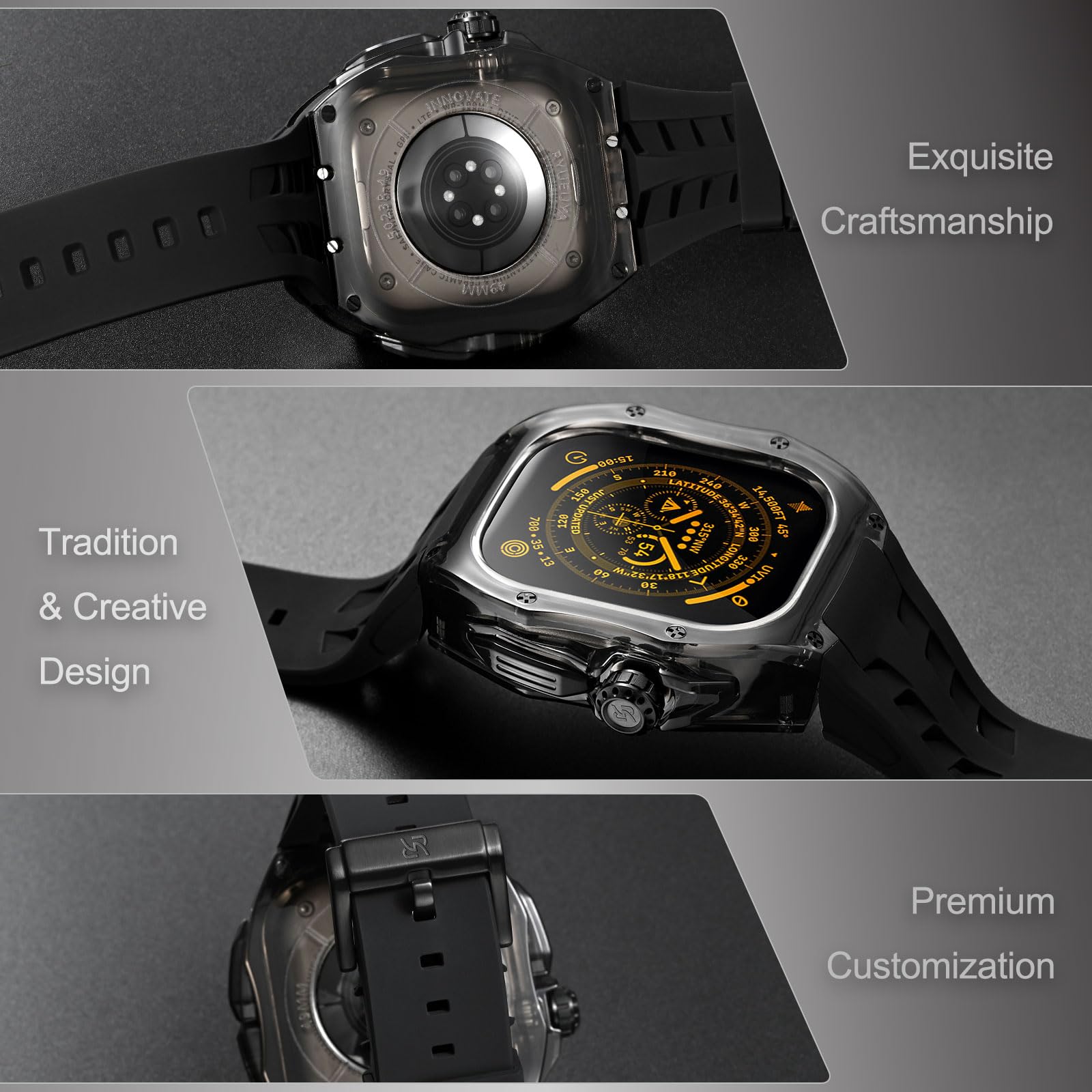 Ryueuya Translucent Designer Rugged Case And Band Compatible For Apple Watch Ultra 49Mm, Luxury Crystal Clear Military Protectiv