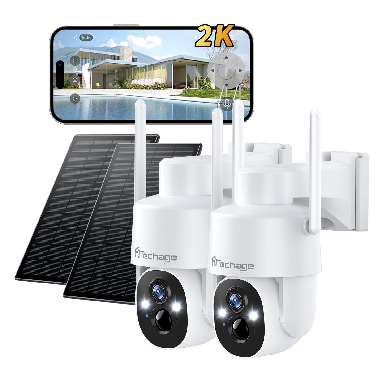 Solar Security Camera Wireless Outdoor, 2K Wifi Cameras For Home Security, 360 Ptz Surveillance Camera With Pir, Color Night Vis