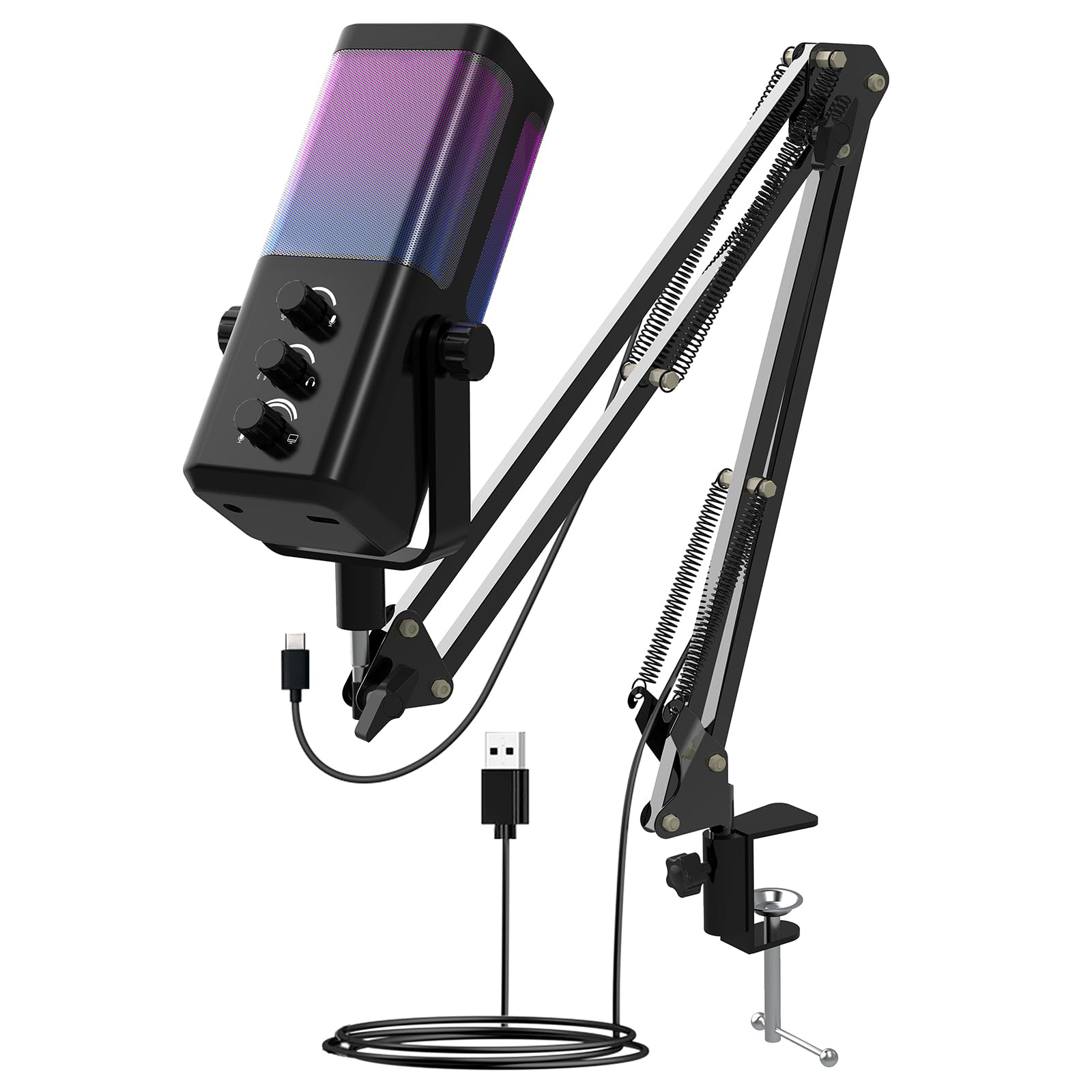 Nuoxiange M7 USB Gaming Microphone with Boom Arm - Professional RGB Condenser Mic for PC/PS5 - Triple-Knob Control (Mic Gain, He