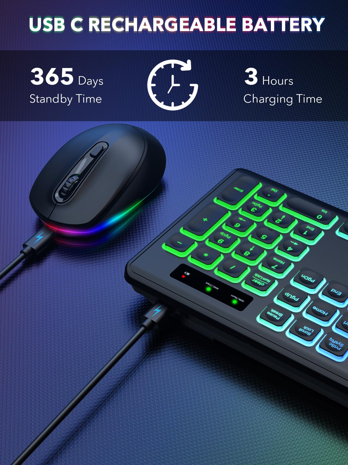 Wireless Keyboard And Mouse Backlit, Quiet Light Up Keys, Tilt Legs, Sleep Mode   Rechargeable Usb Cordless Combo For Computer,