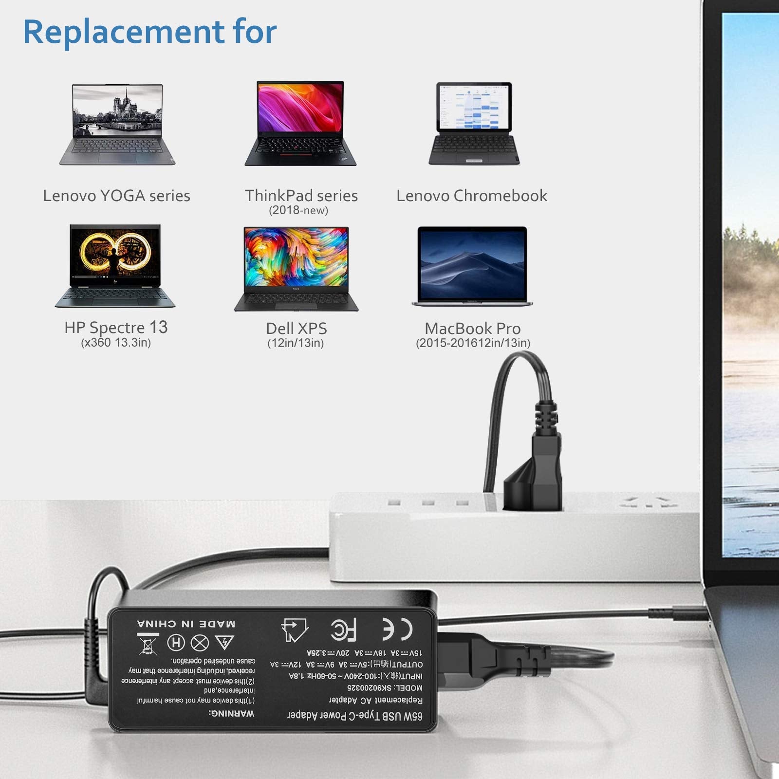 Eokoowo 65W USB Type-C Charger for Lenovo Thinkpad T14 T15 T16 P14s P15s - Black, Model SK90200225, Power Adapter Supply