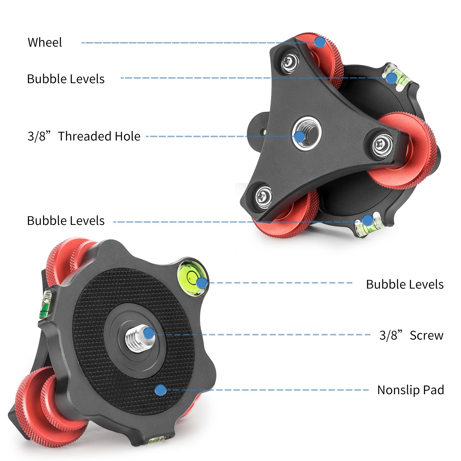 Camerig Tripod Head Leveling Base Camera Leveler, Aircraft Grade Aluminum Alloy 3 Axis Tri Wheel Head, 3/8    Thread, With +/ 5