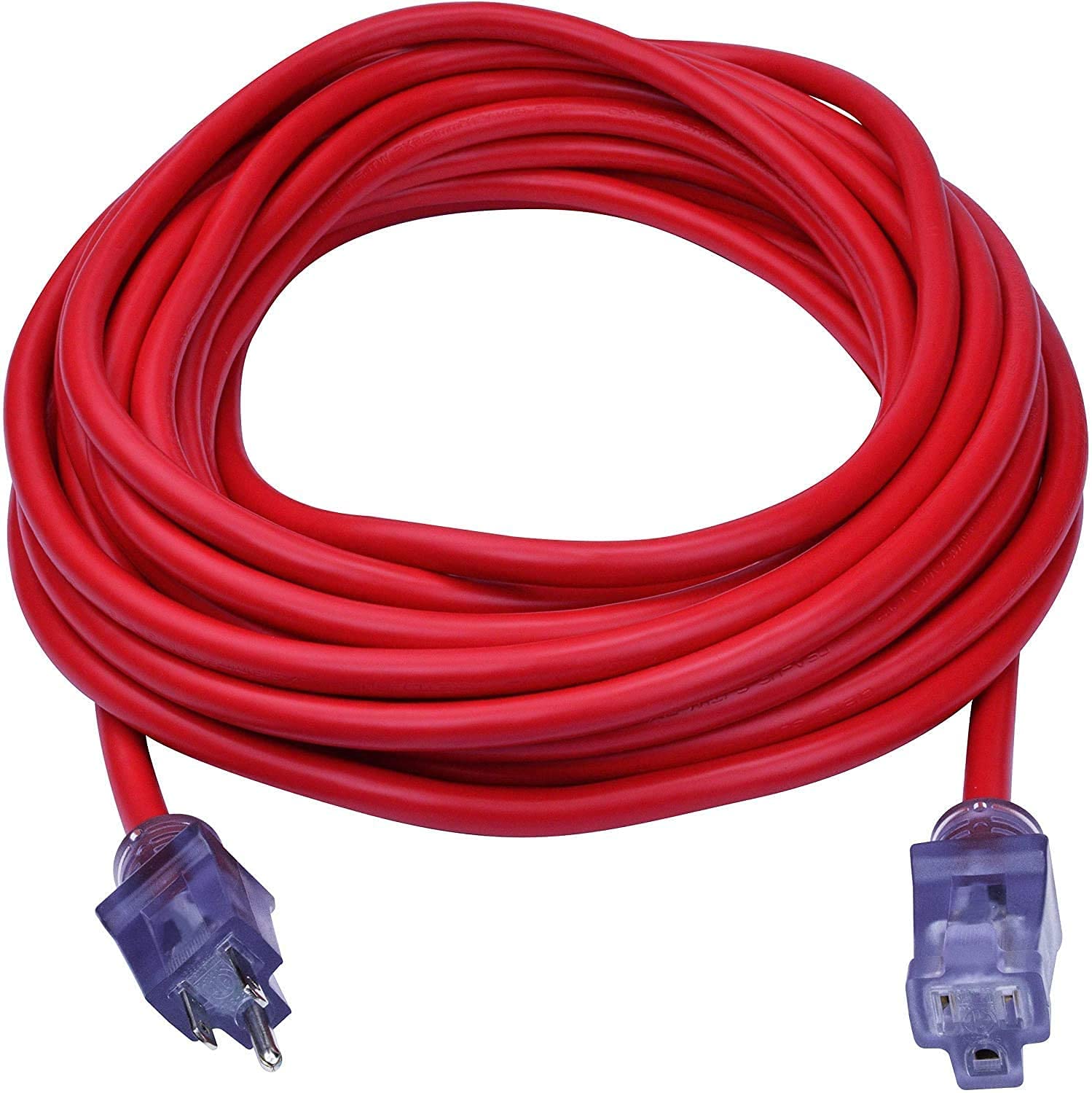 Clear Power 50 Ft Heavy Duty Extreme Cold Weather Outdoor Extension Cord 12/3 Sjtw, Lighted Connector, Red, Water & Weather Resi