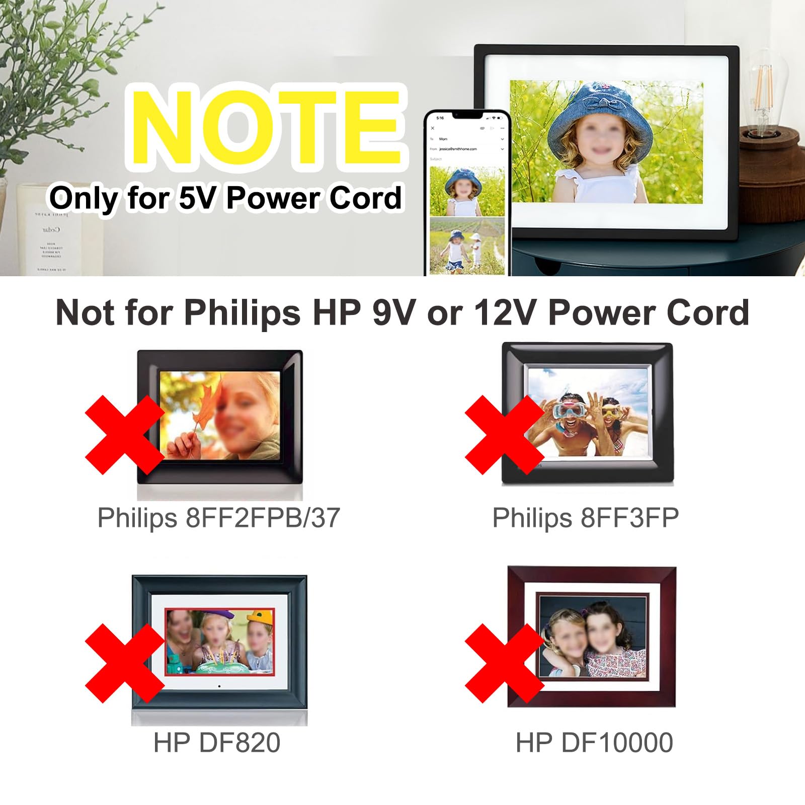 2 Pack 5V Ac/Dc Digital Picture Frame Power Cord Compatible With Philips, Hp, Skylight, Nix, Aluratek, Bsimb, Feelcare Charger Adapter