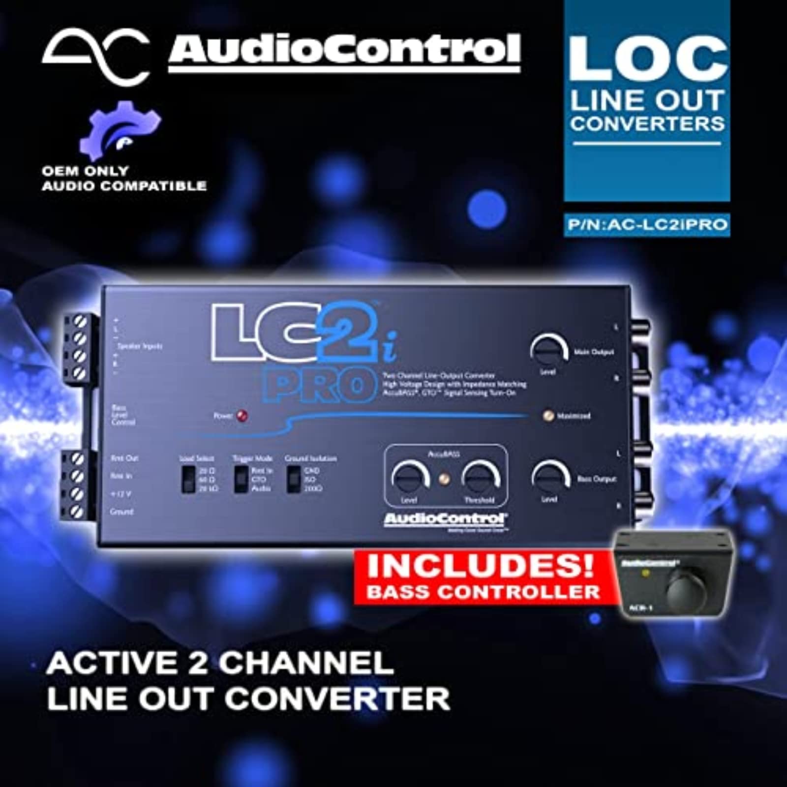 Audiocontrol Lc2I Pro 2 Channel Line Output Converter With Wireless Qi Universal Phone Charger Kit. Impedance Matching, Accubass, Gto, Audio Signal Sense, 12V Turn On And Acr 1 Dash Remote Sub Control