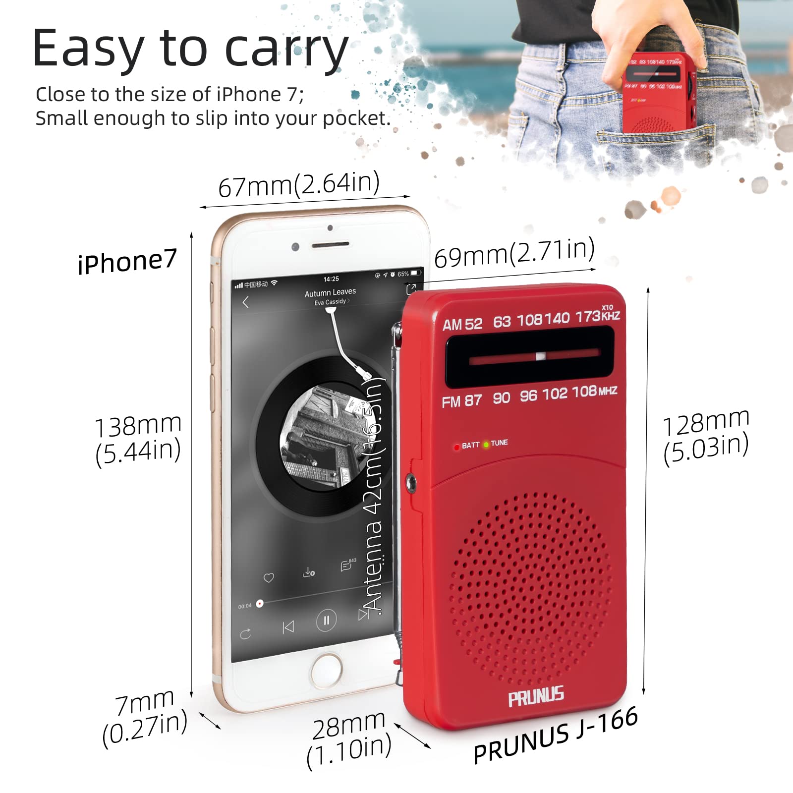 Prunus J-166 Small Transistor Radio Am Fm, Battery Operated Radio With Tuning Light, Back Clip, Excellent Reception For Indoor &