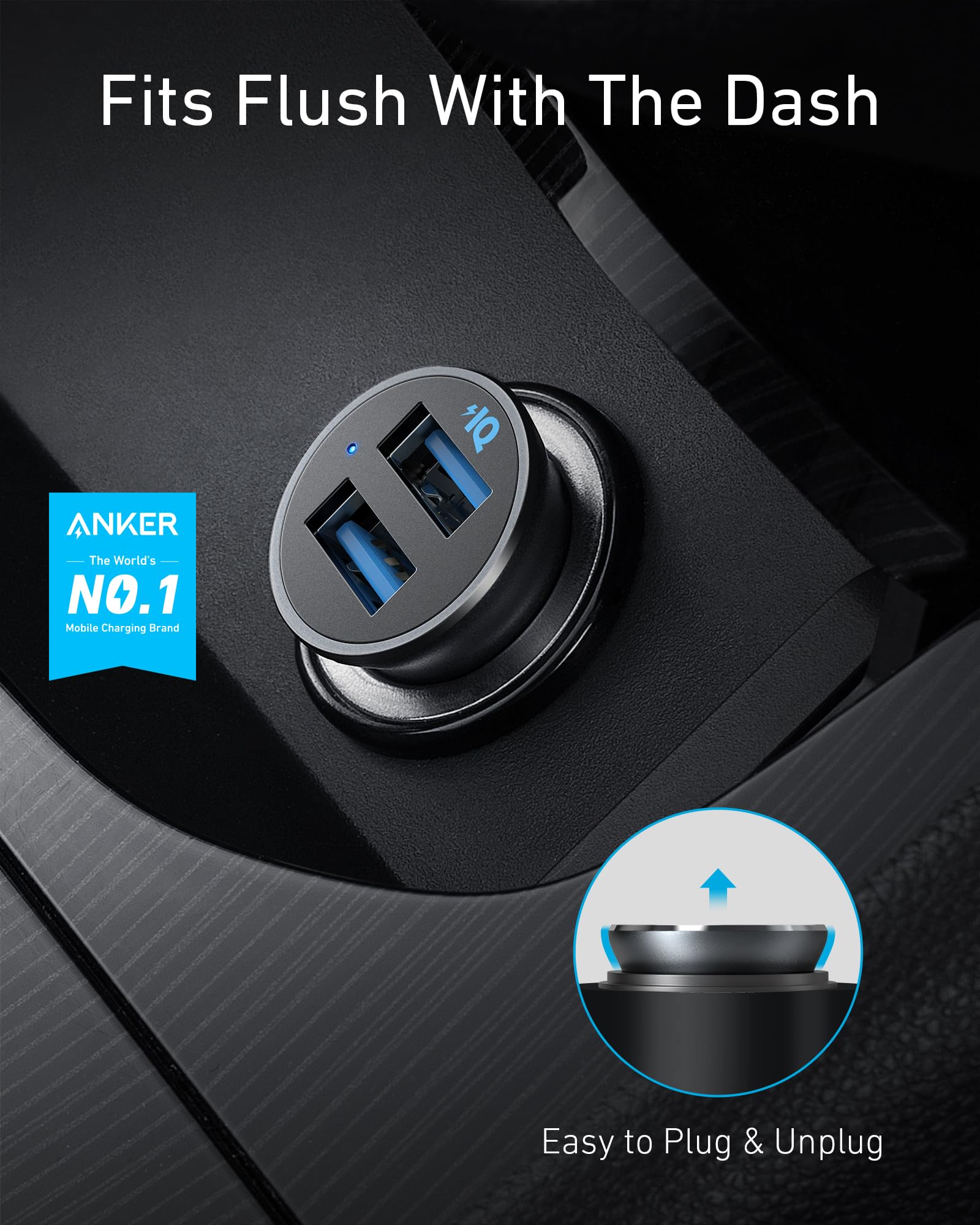 Anker 320 Car Charger (24W Ii), Mini Aluminum Alloy Dual Usb With Blue Led For Iphone 14 13 12 Pro Max Mini X Xs Xr, Ipad Proair