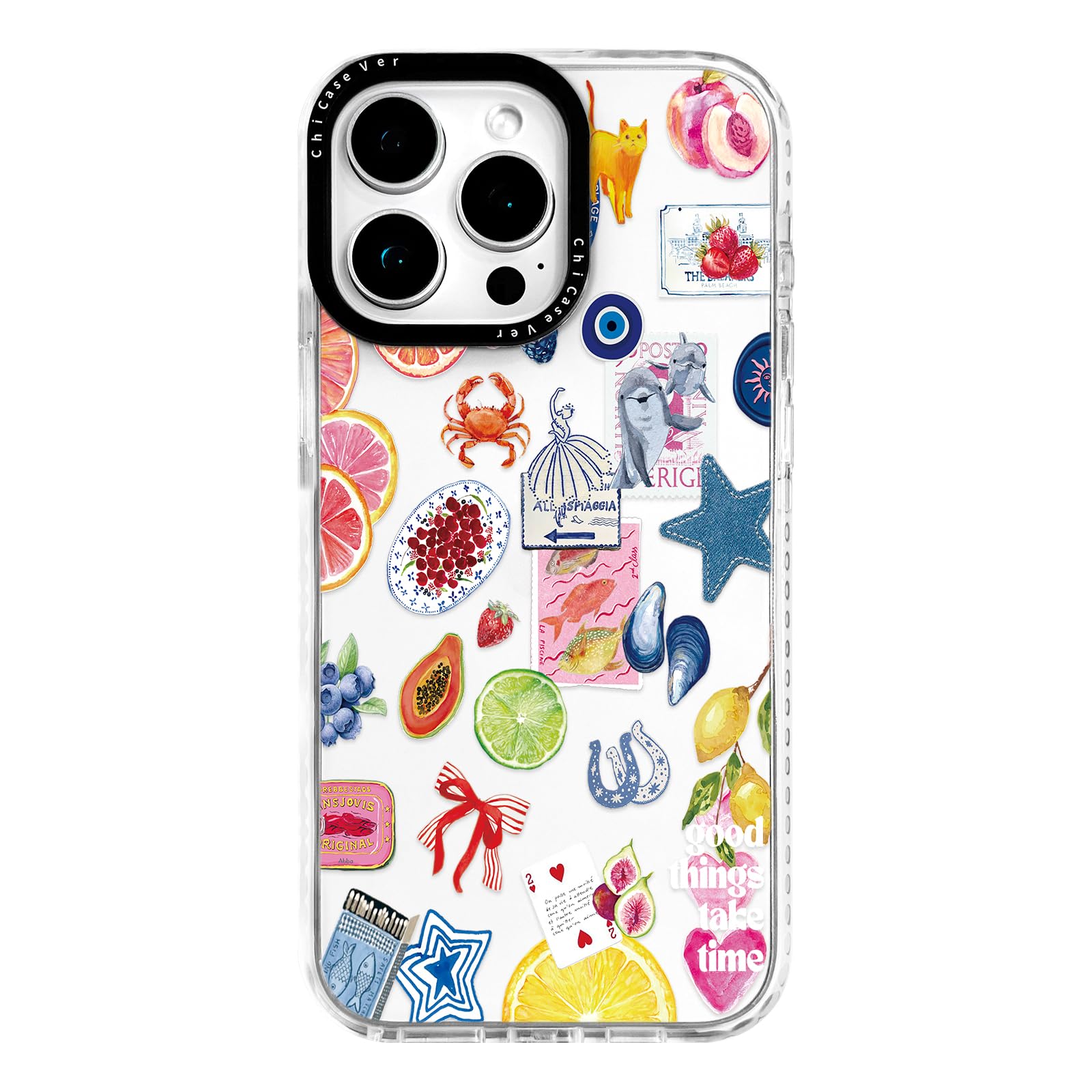 ChiCaseVer for iPhone 15 Pro Case, Coastal Fruit Collage Pattern with Lucky Charms, Military-Grade Drop Protection, Boho Y2K Sof