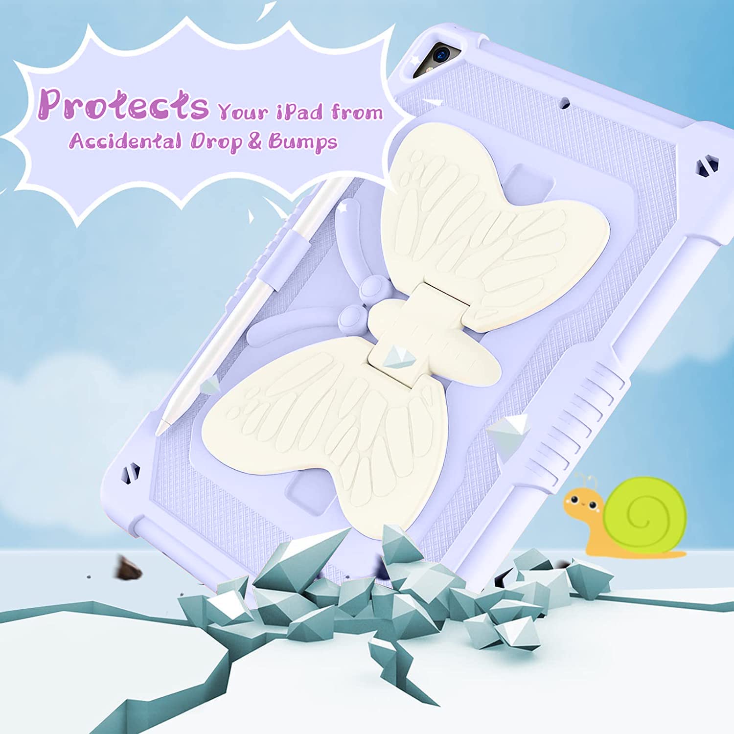 Ambison Case For Ipad 9Th/8Th/7Th Generation 10.2 Inch With Glass Screen Protector,Rugged Shockproof Protective Cover For Kids Girls Butterfly Stand,Shoulder Strap For Ipad 2021/2020/2019 Purple