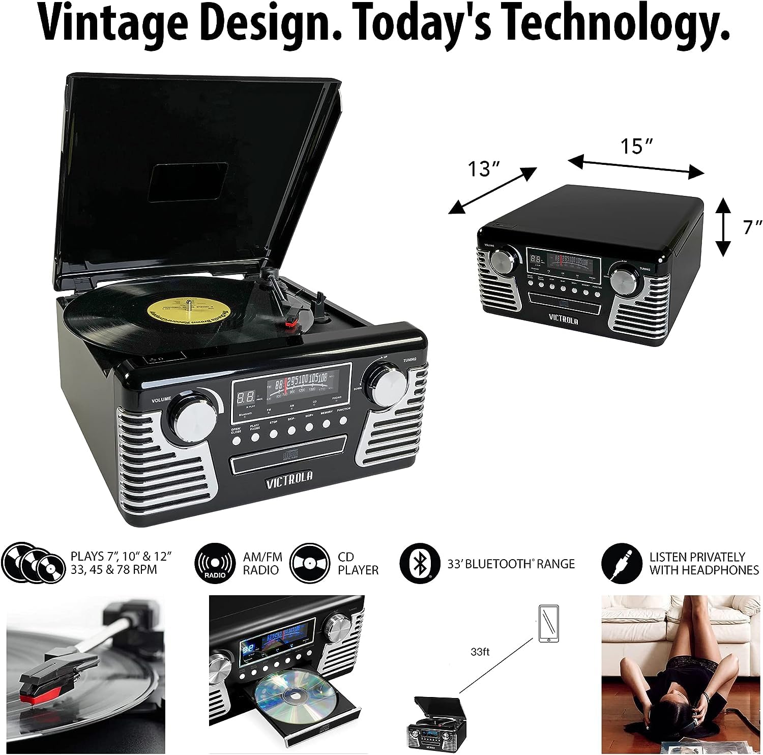 Victrola 50'S Retro Bluetooth Record Player & Multimedia Center With Built In Speakers   3 Speed Turntable, Cd Player, Am/Fm Rad
