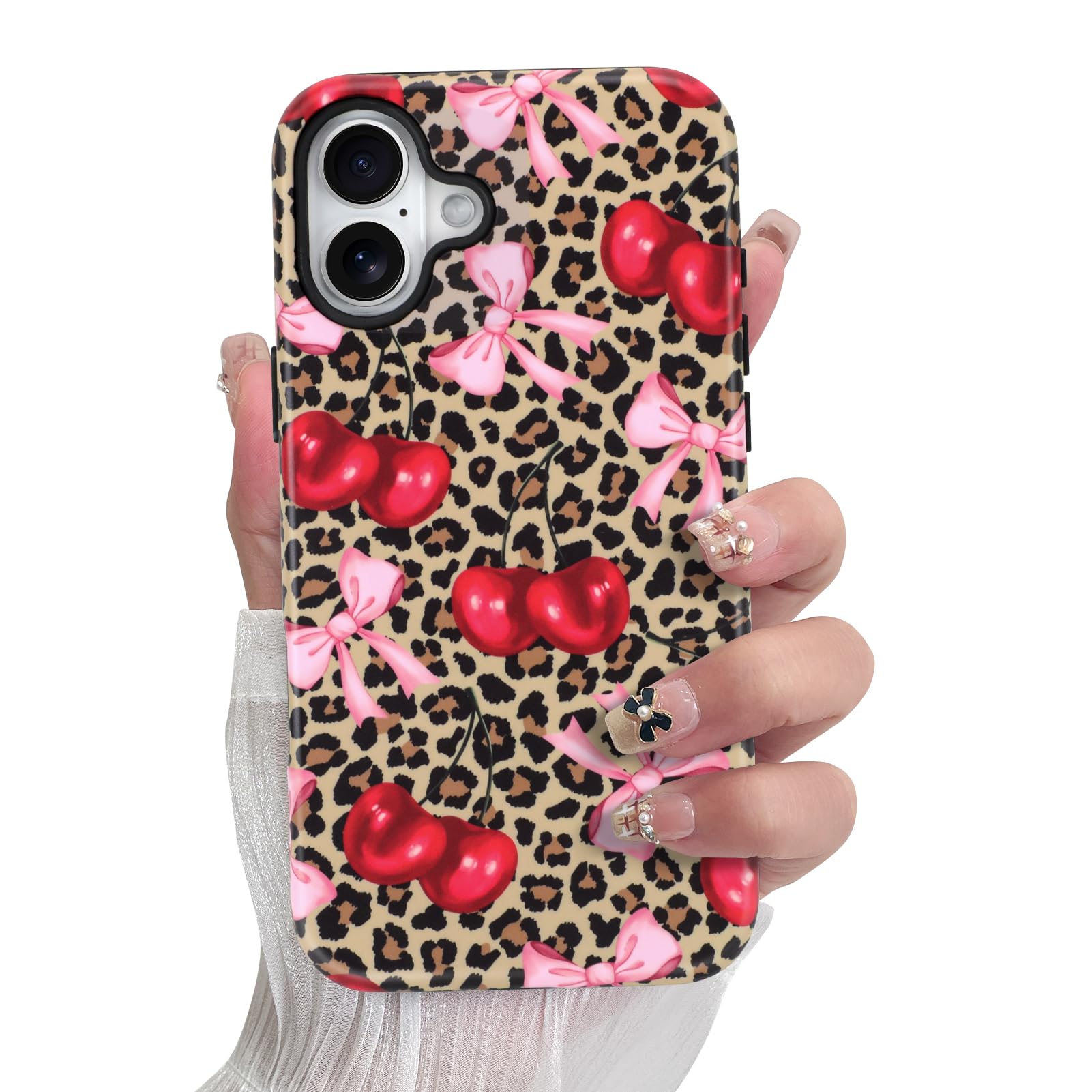 SOKAD Magnetic Cherry Bow Phone Case for iPhone 16, Cute Cherry Pink Bow Vintage Leopard Pattern Compatible with Magsafe Matte P