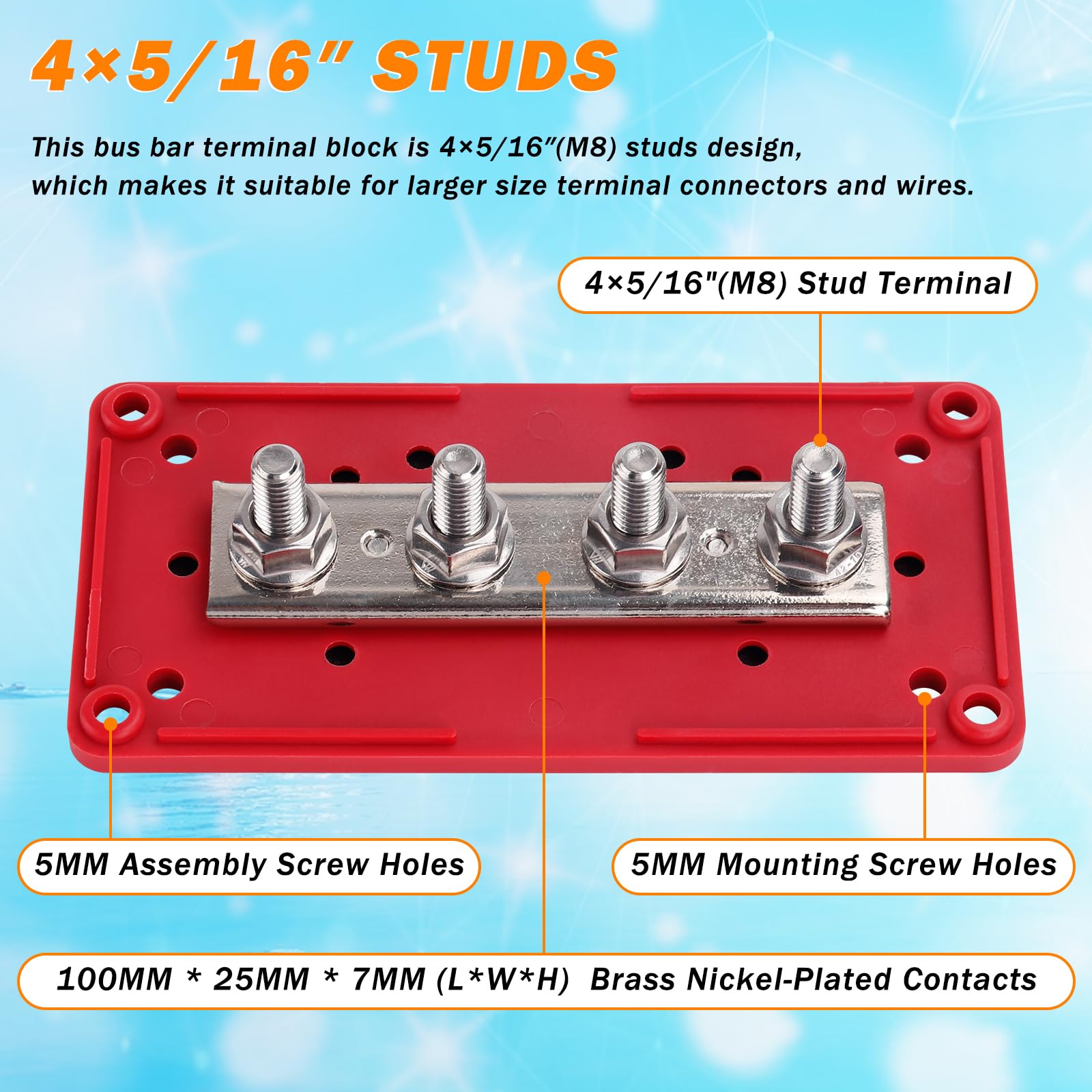 300A Heavy Duty Module Bus Bar, 12V 24V 48V Dc Power Distribution Block With 4 X 5/16'' (M8) Studs, Gift 12Pcs Cable Lugs And 20