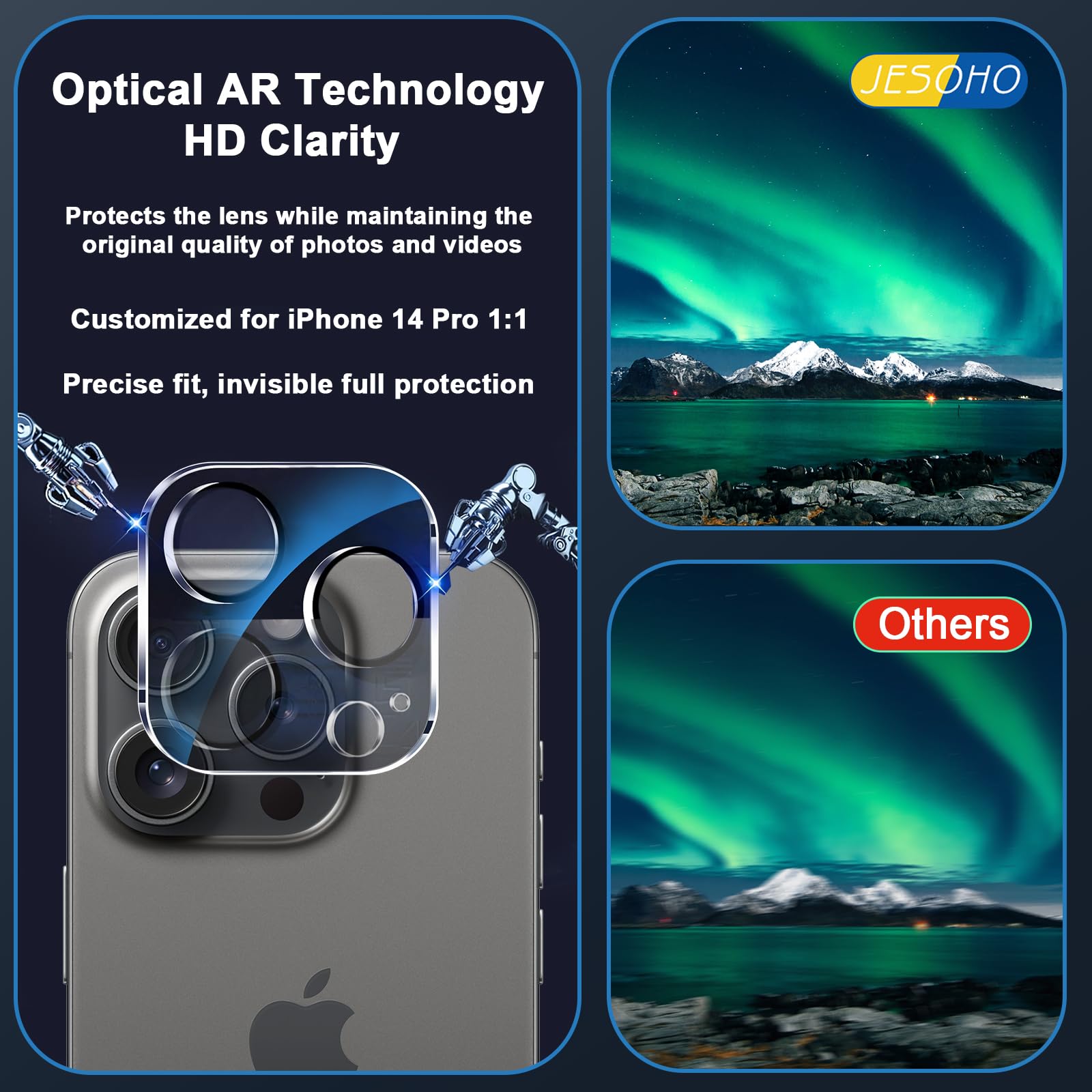 Jesoho Blue Light Screen Protector For Iphone 14 Pro (6.1'')*2 Pack + 2 Pack Camera Lens Protector,Eye Protection,Hd Blue Light