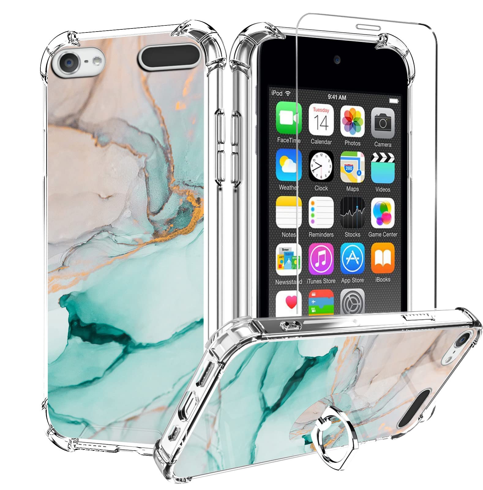 Kanghar Ipod Touch 7/6/5 Case, Marble Pattern With Screen Protector,Kickstand Ring Holder Soft Tpu Bumper Shockproof Cover For I