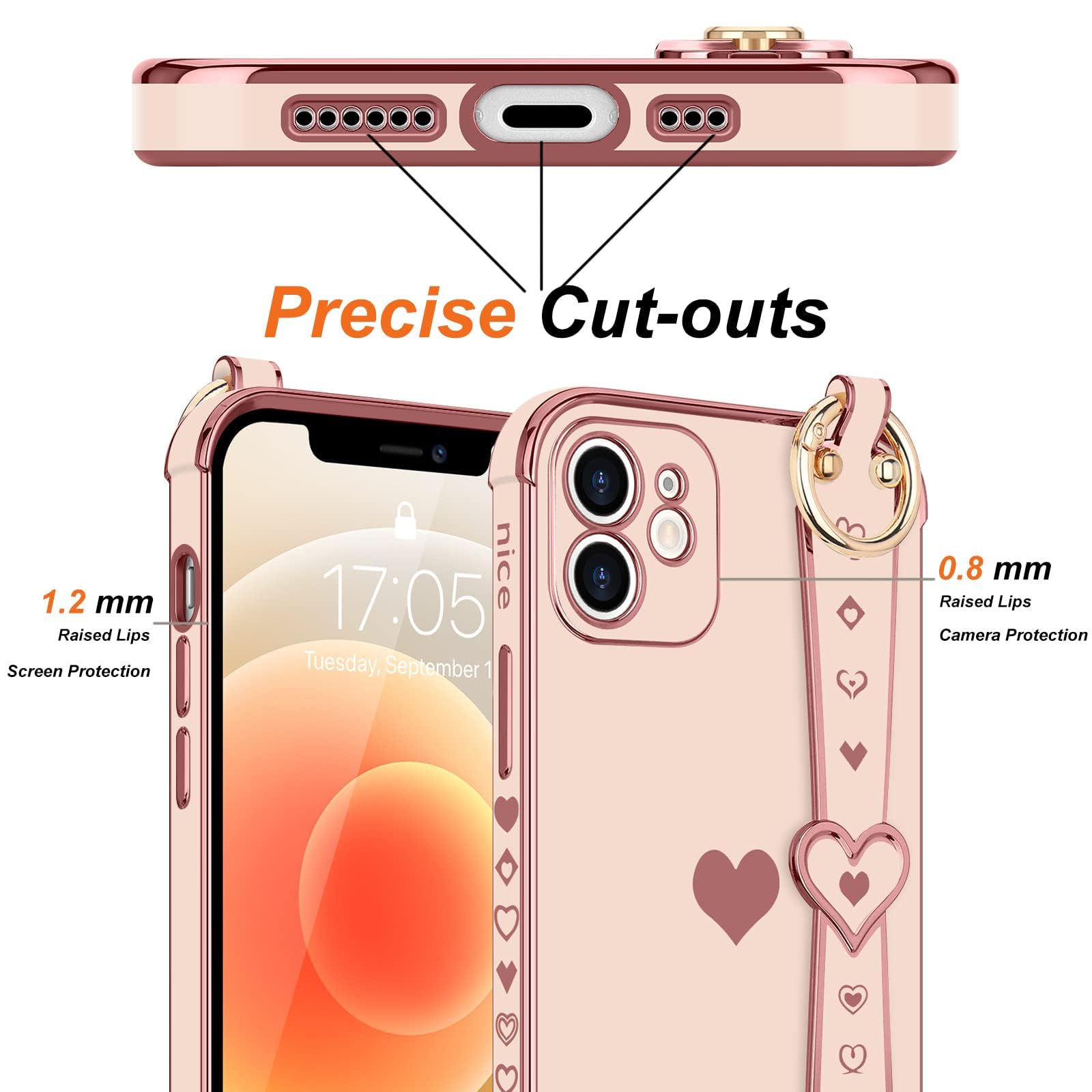 Llz.Coque For Iphone 12 Case Cute Love Heart Plating Strap Phone Cover For Women Girls Bling Soft Silicone Camera Lens Protectio