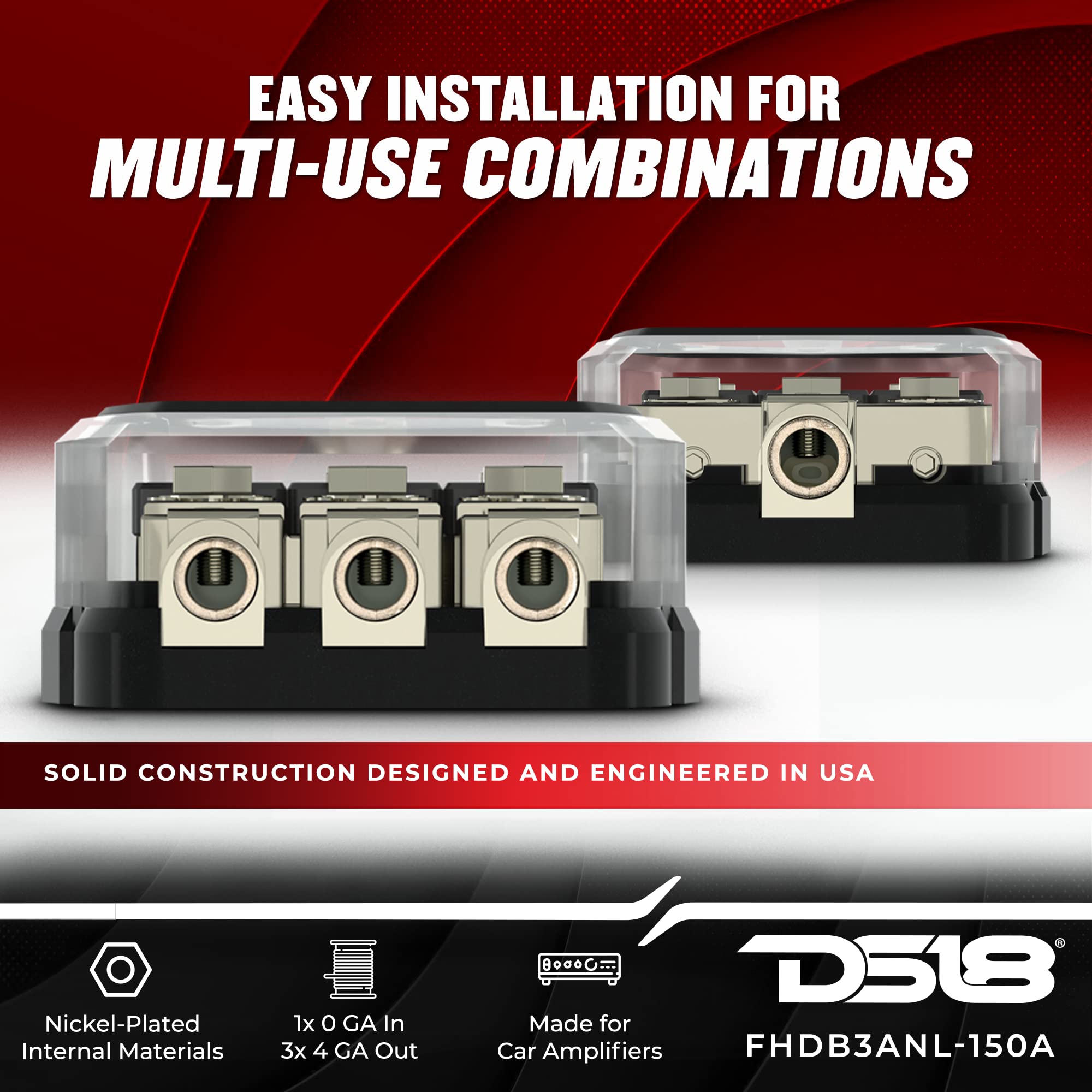Ds18 3Anl 150A/1X0Ga In/3X4Ga Out Anl Fuse Distribution Holder With Three 150A Fuses