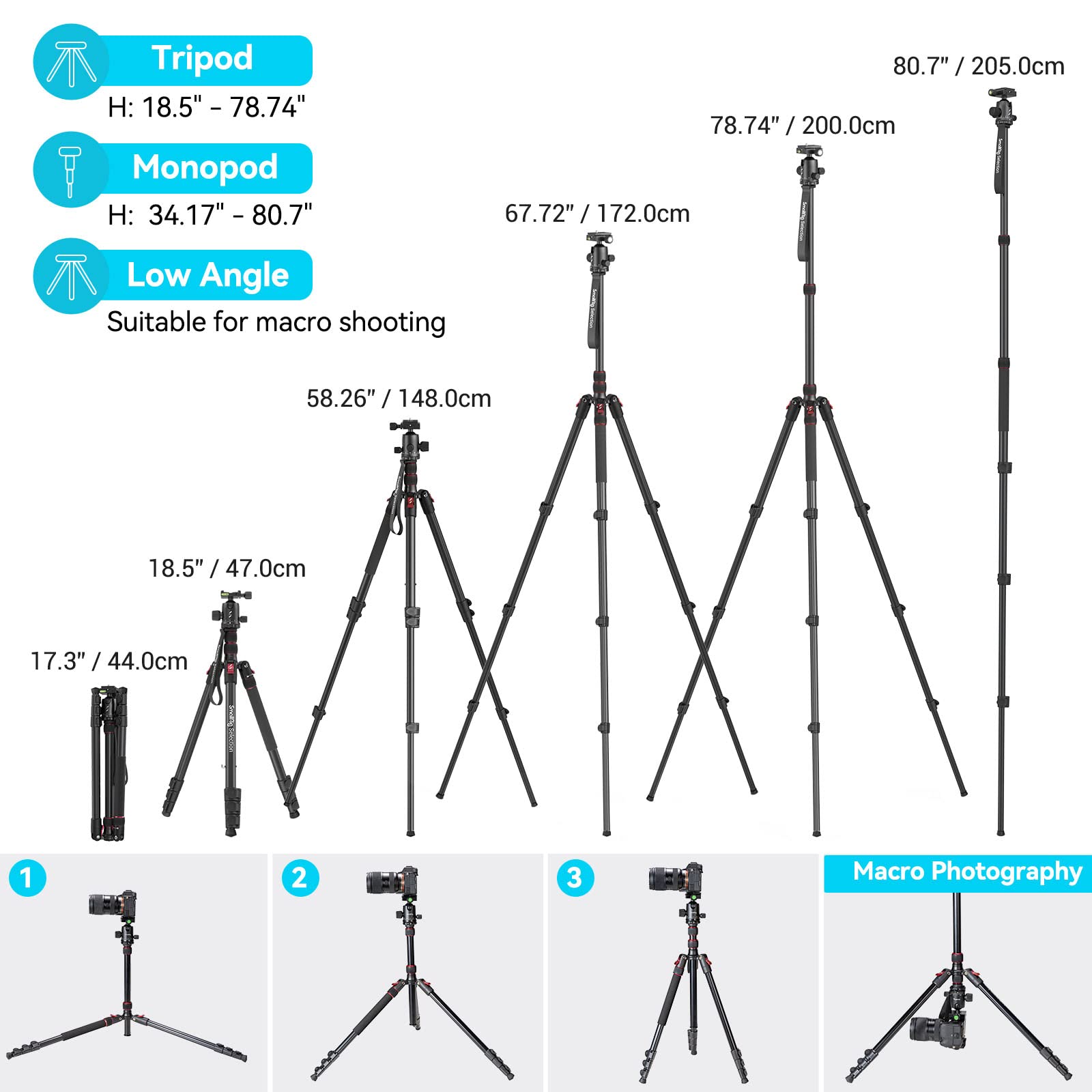 Smallrig Ct 20 Camera Tripod, 78.7'' Foldable Aluminum Tripod & Monopod, 360Ball Head Detachable And Quick Release Plate, Payloa