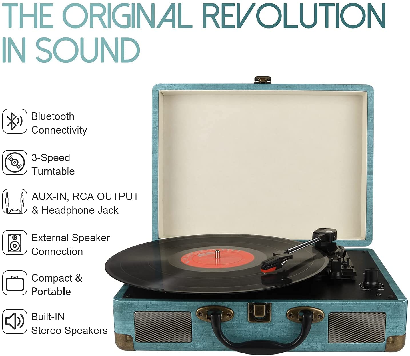 3 Speed Portable Bluetooth Turntable With Built In Speakers, Supports Bluetooth, Rca Output, 3.5Mm Aux In And Headphone Jack And