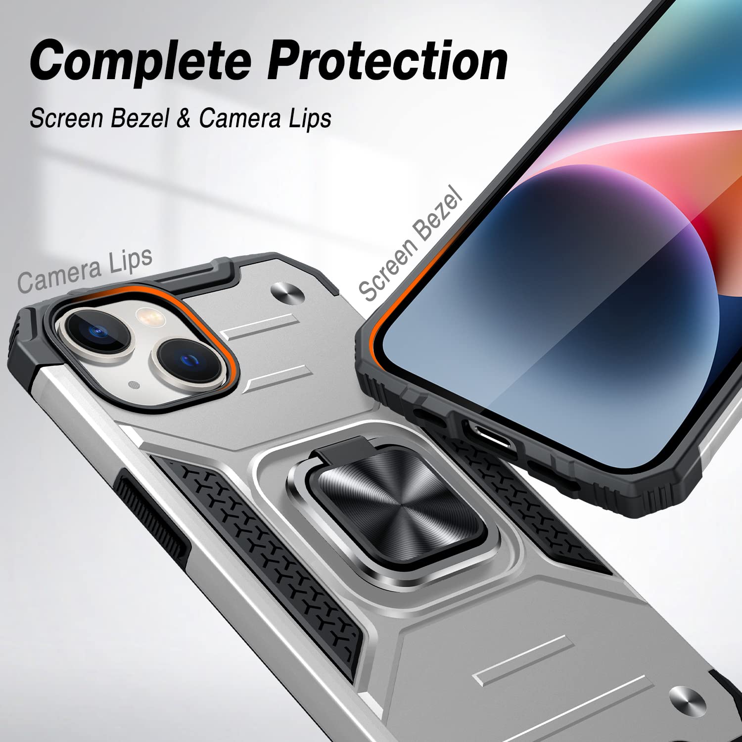 JAME iPhone 14 Case Shockproof Bumper Metal Ring Kickstand Silver 6.1 Inch with Screen Protector