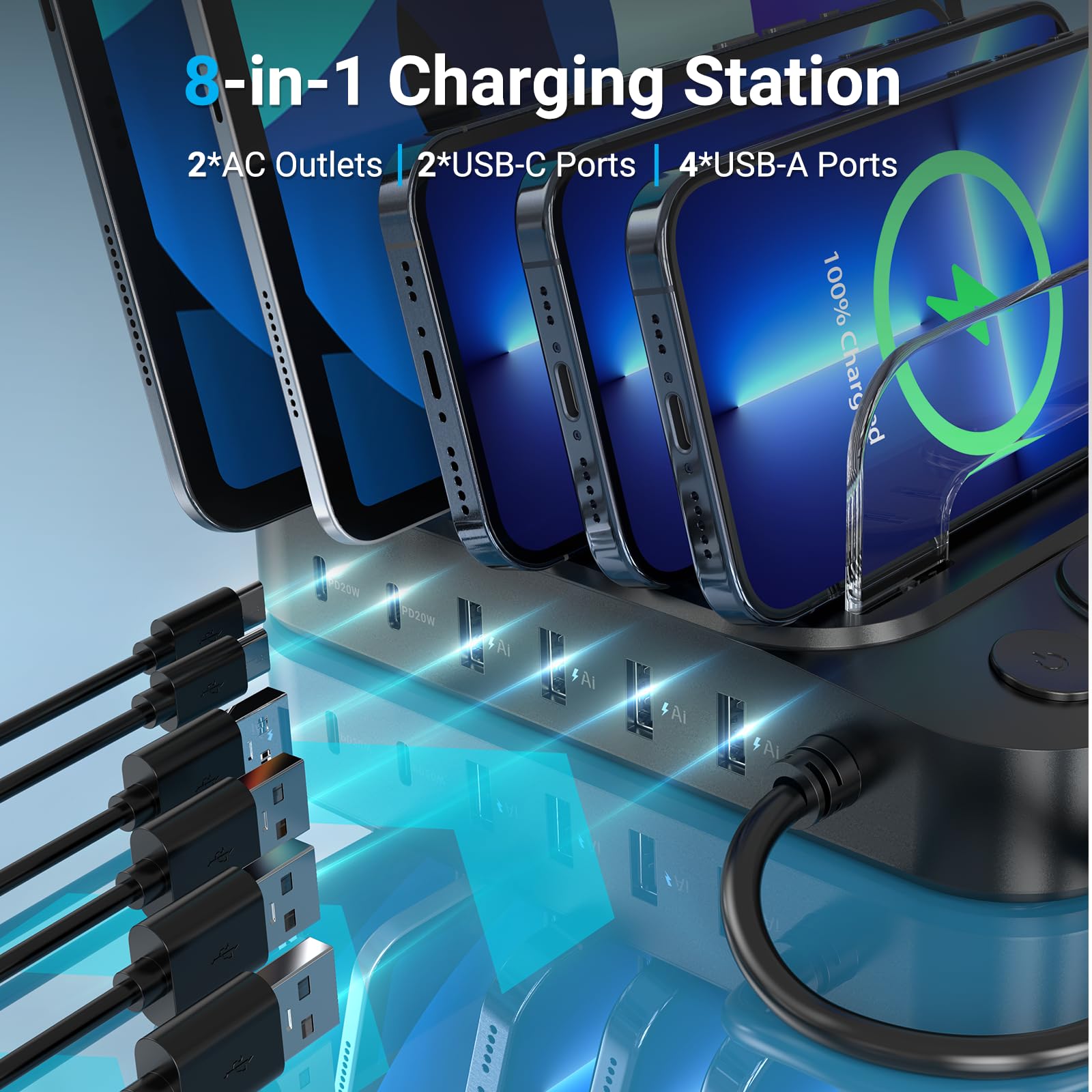 Catlyn 8-Port Charging Station with 6 Mixed Cables - Black Charger Dock for Phones, Tablets, iPhone, iPad, Kindle - Home & Office Organizer