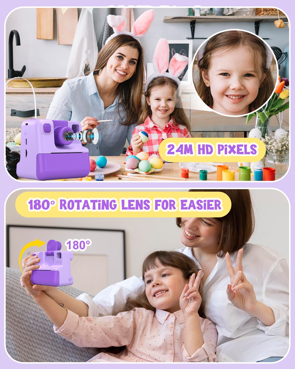 Kids Camera Instant Print, Christmas Birthday Gifts For Toddle Girls Boys Age 3 12, 24Mp & 1080P Video Selfie Digital Camera Wit