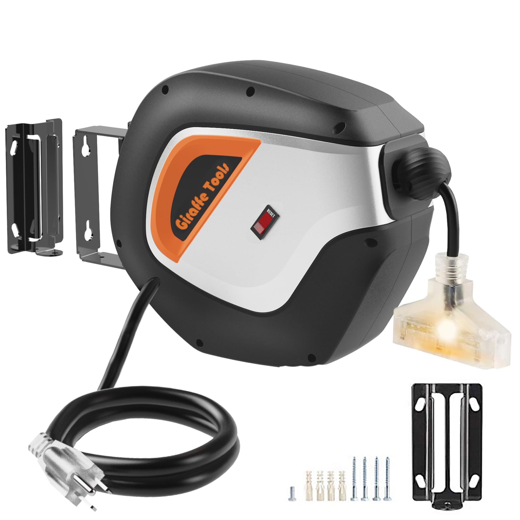 Giraffe Tools De14 Retractable Extension Cord Reel 50 Ft 14/3Awg Power Cord Storage Reel Wall/Ceiling Mount, Lighted Triple Tap