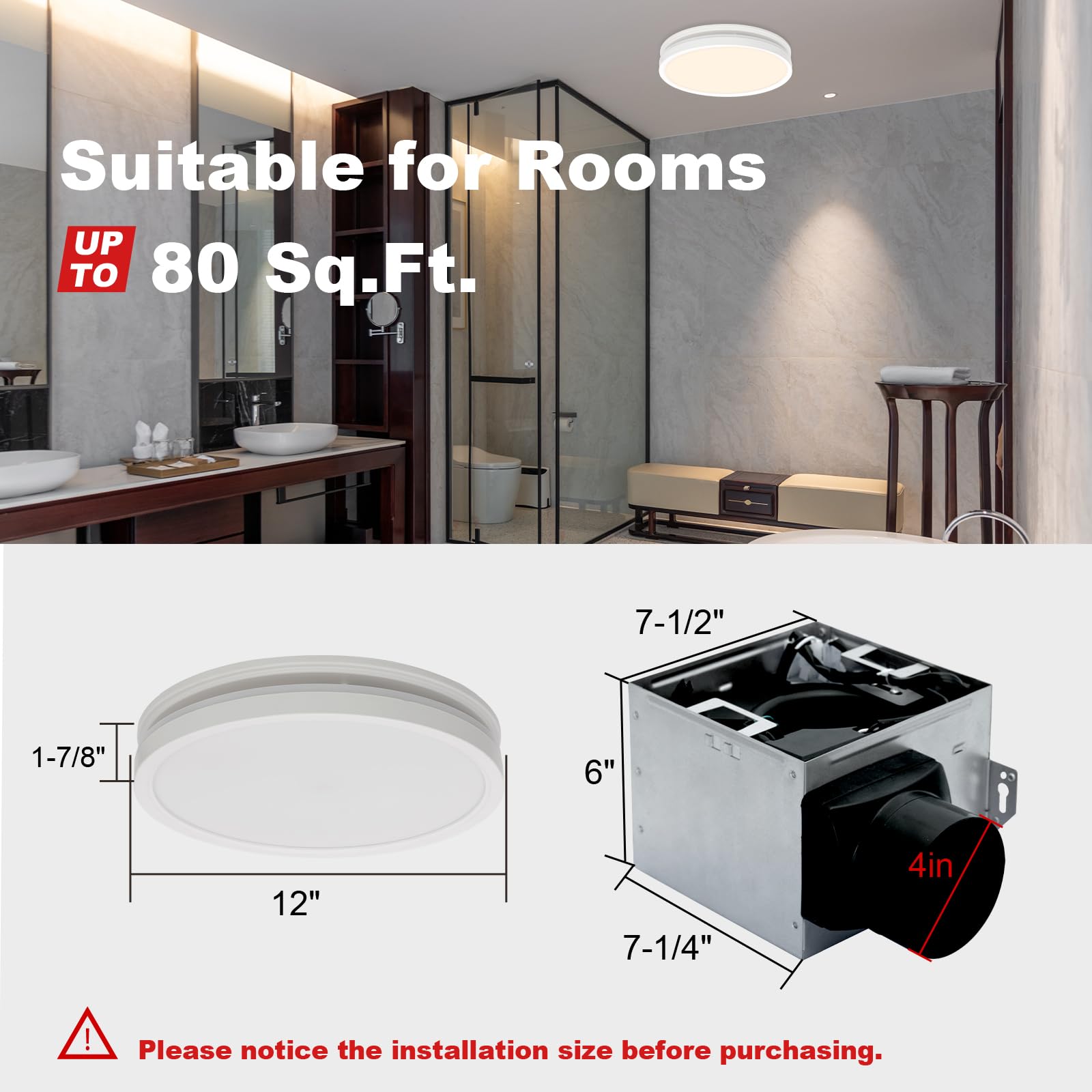 Akicon Bathroom Exhaust Fan With Light, 80 Cfm 2.0 Sones Bathroom Fan For Ceiling, 3Cct 15W Dimmable Led Light And 3.5W Nightlig