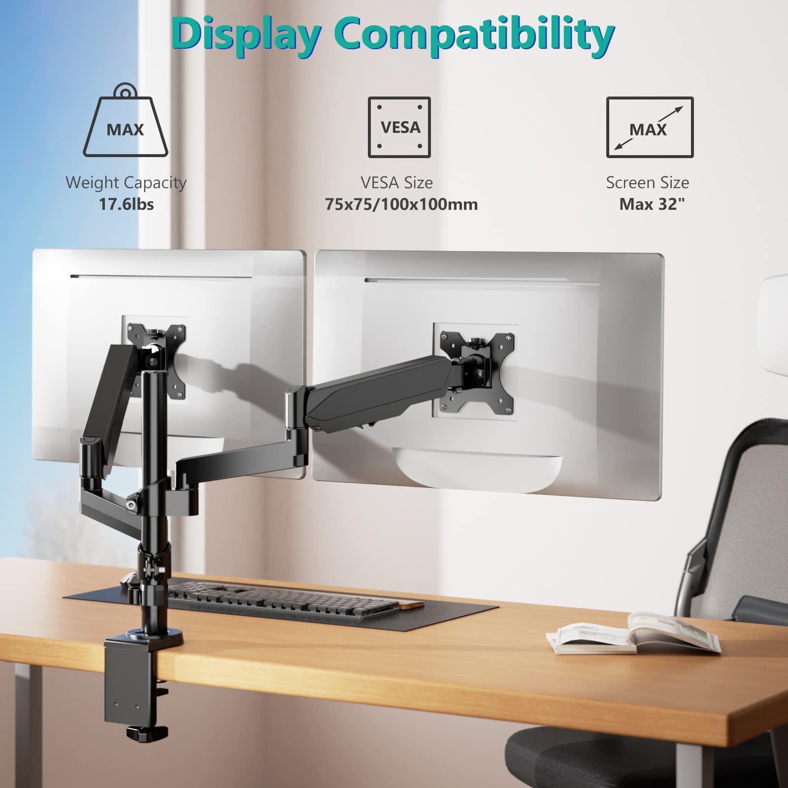 WALI Dual Monitor Mount, 17 32 Inch Adjustable Spring Dual Monitor Arm for Desk Holds Max 17.6 lbs Screens, Swivel Vesa Bracket with C Clamp, Grommet Mounting, Monitor Arms for 2 Monitors (GSDM002)