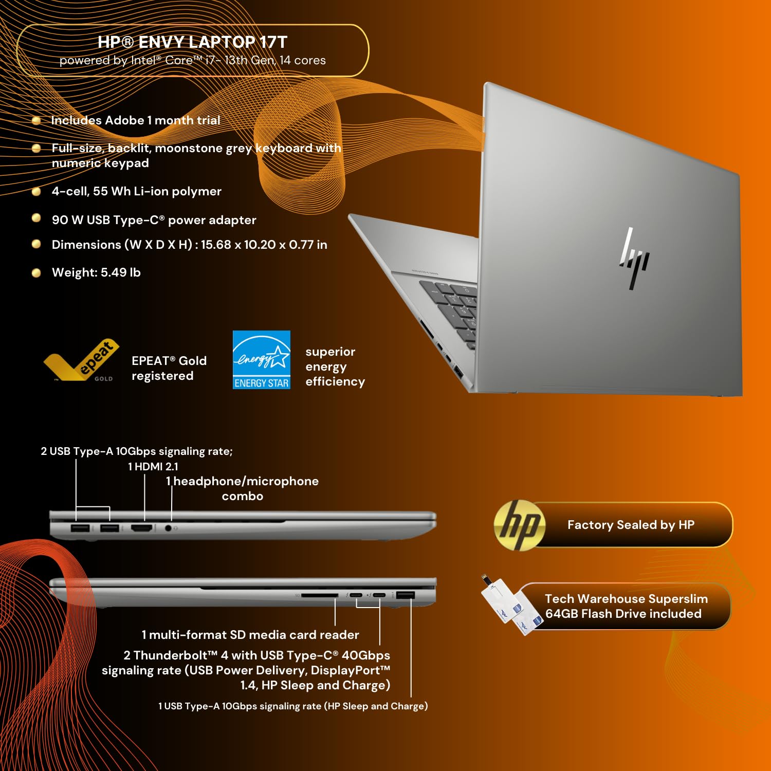 Hp Envy 17T Laptop, Intel Core Ultra 7 155H (Up To 4.8 Ghz, 16 Cores, 22 Threads), Intel Arc Graphics 32Gb Ram, 1 Tb Nvme Ssd, 1