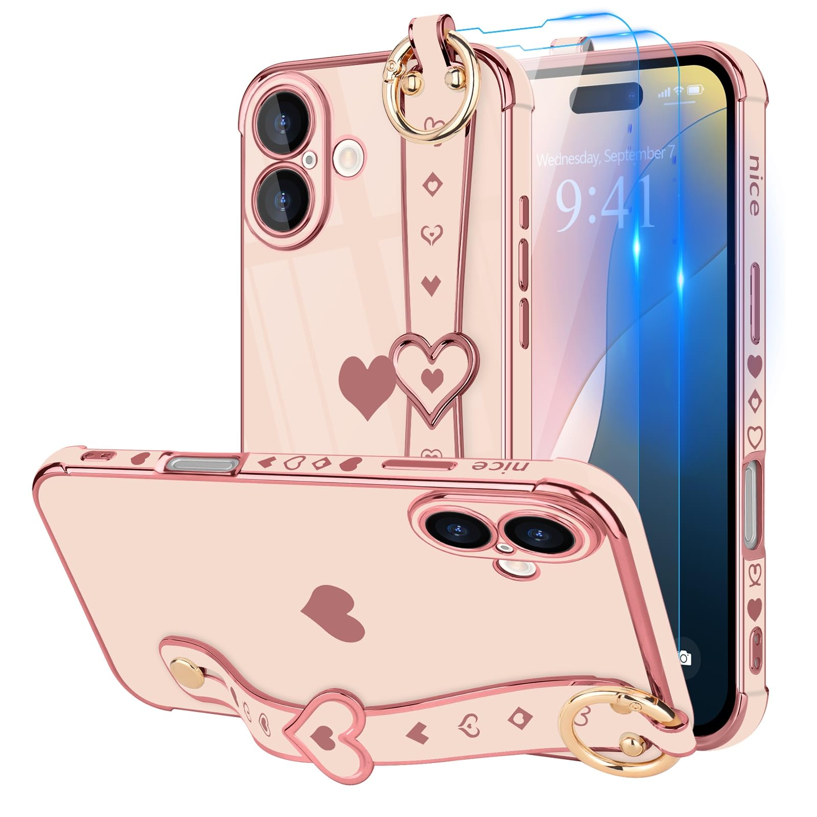 Llz.Coque For Iphone 16 Plus Case With Strap For Women Girls [2   Screen Protectors], Cute Love Hearts Design, Wristband Kicksta