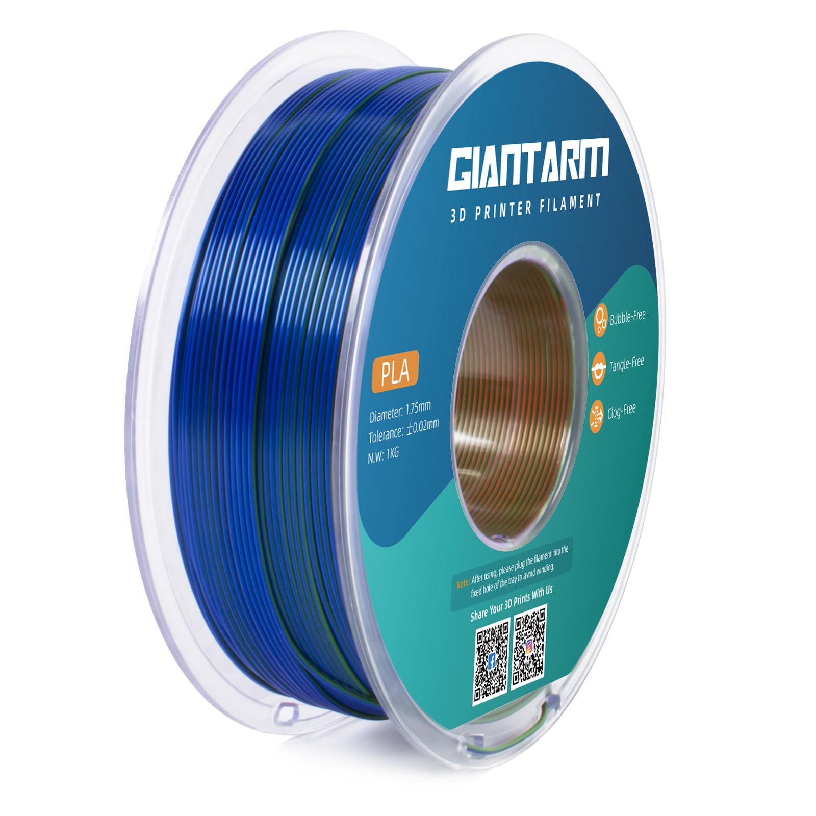 Giantarm Tri Colors Silk Pla Filament, 3D Printer Filament 1.75Mm +/ 0.02Mm, 1Kg (2.2Lbs) Spool, Vacuum Packaging (Orange+Blue+G