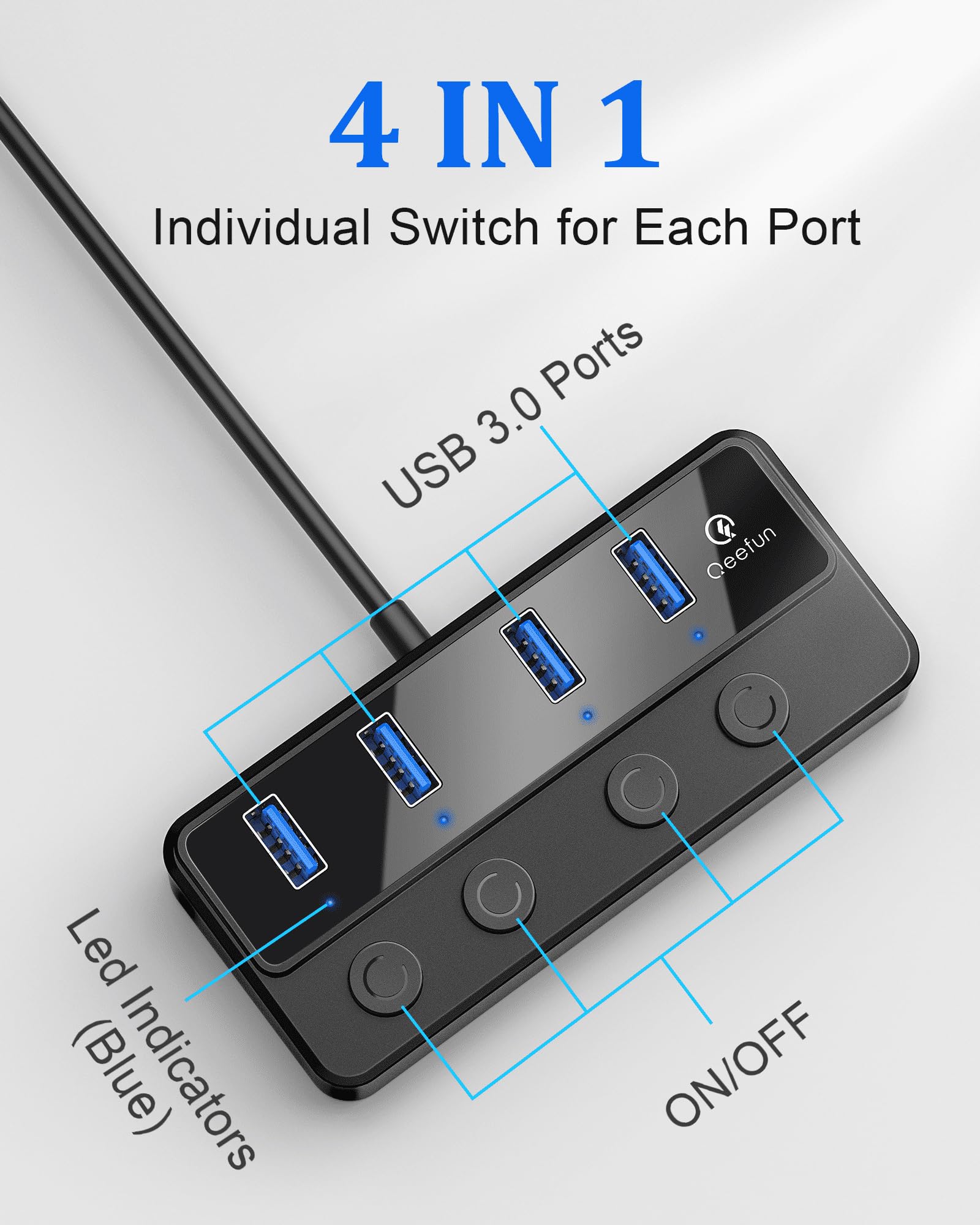 Qeefun 4 Port Usb Hub 3.0, Individual Led Power Switches Usb Extension 2Ft Usb Extender 5V/3A Usb Adapter For Laptop, Pc, Usb Fl