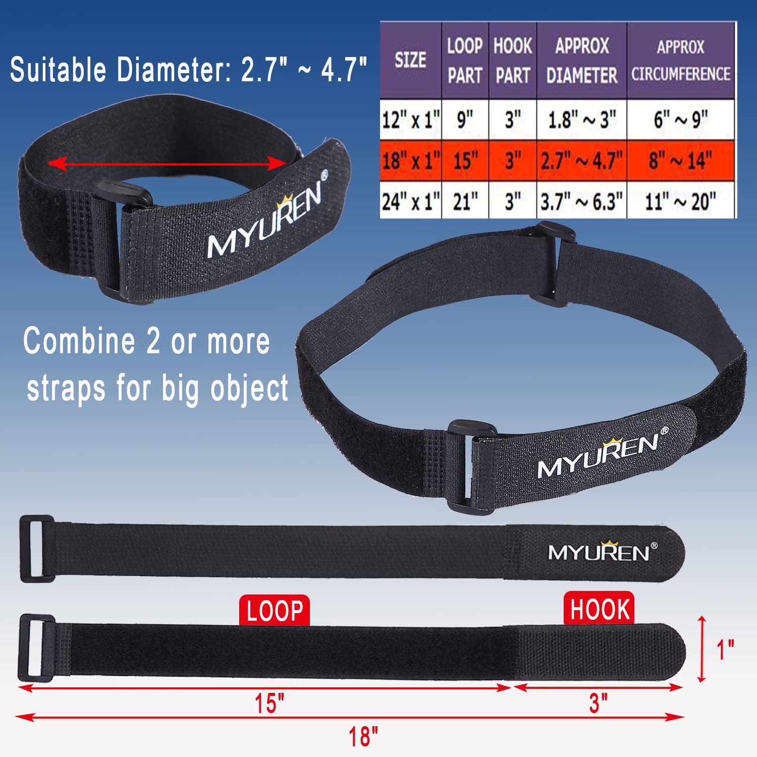 MYUREN Reusable Fastening Cable Straps Adjustable Hook and Loop with Buckle Black 1x18 inch 12 Pack