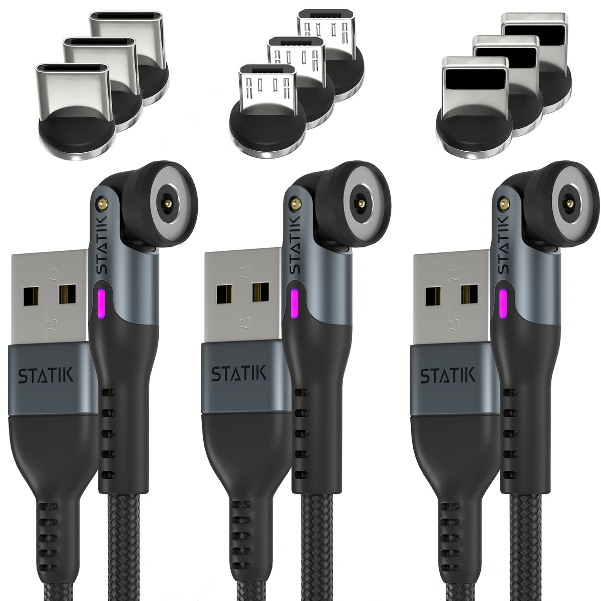 Statik 360 Rotating Magnetic Charging Cable 3 Pack   Magnetic Usb C Charging Cable, 3 Magnet Tips For Magnetic Charger Cable, Ip